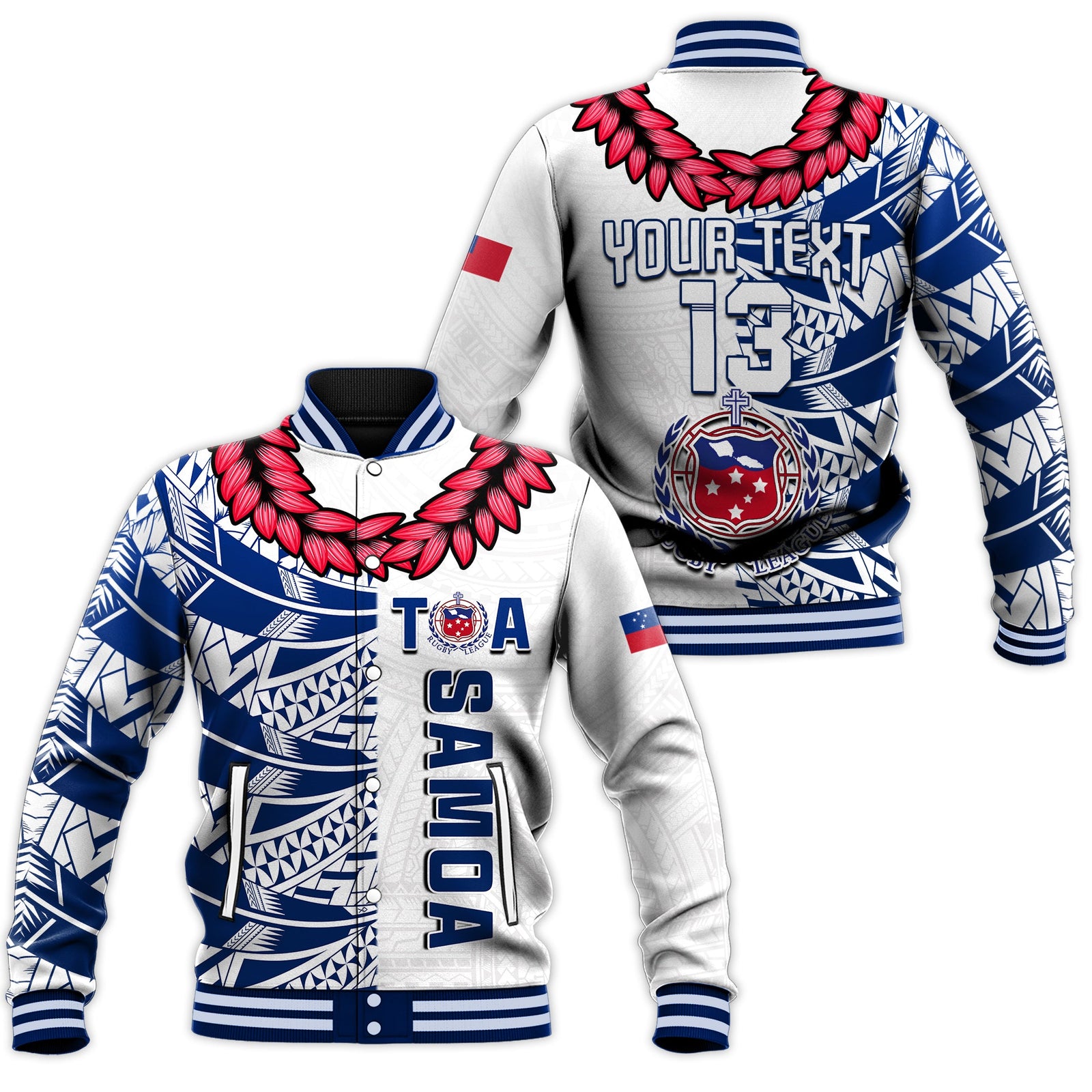 (Custom Text and Number) Toa Samoa Rugby Baseball Jacket Siamupini Ula Fala White LT13 Unisex White - Polynesian Pride