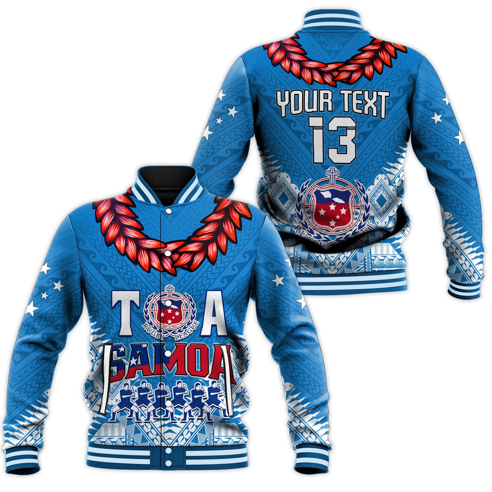 (Custom Personalise Text and Number) Toa Samoa Rugby Baseball Jacket Manu Siva Tau Style Ulafala LT13 Unisex Blue - Polynesian Pride