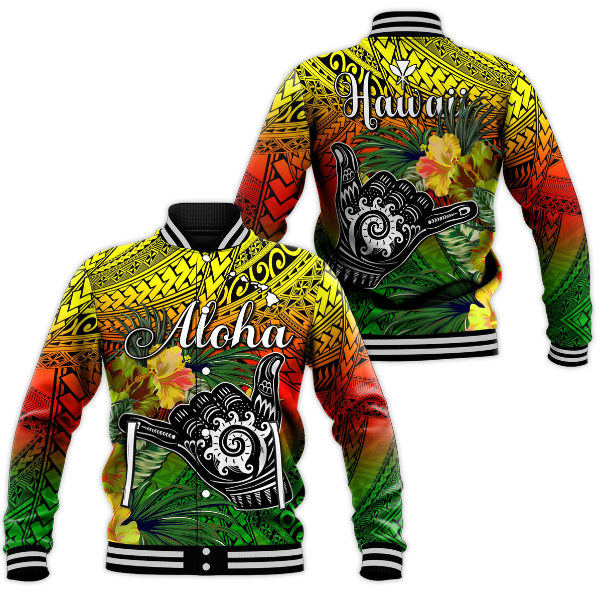 The Shaka Hawaii Baseball Jacket Tropical Flowers Reggae Version LT13 Unisex Reggae - Polynesian Pride