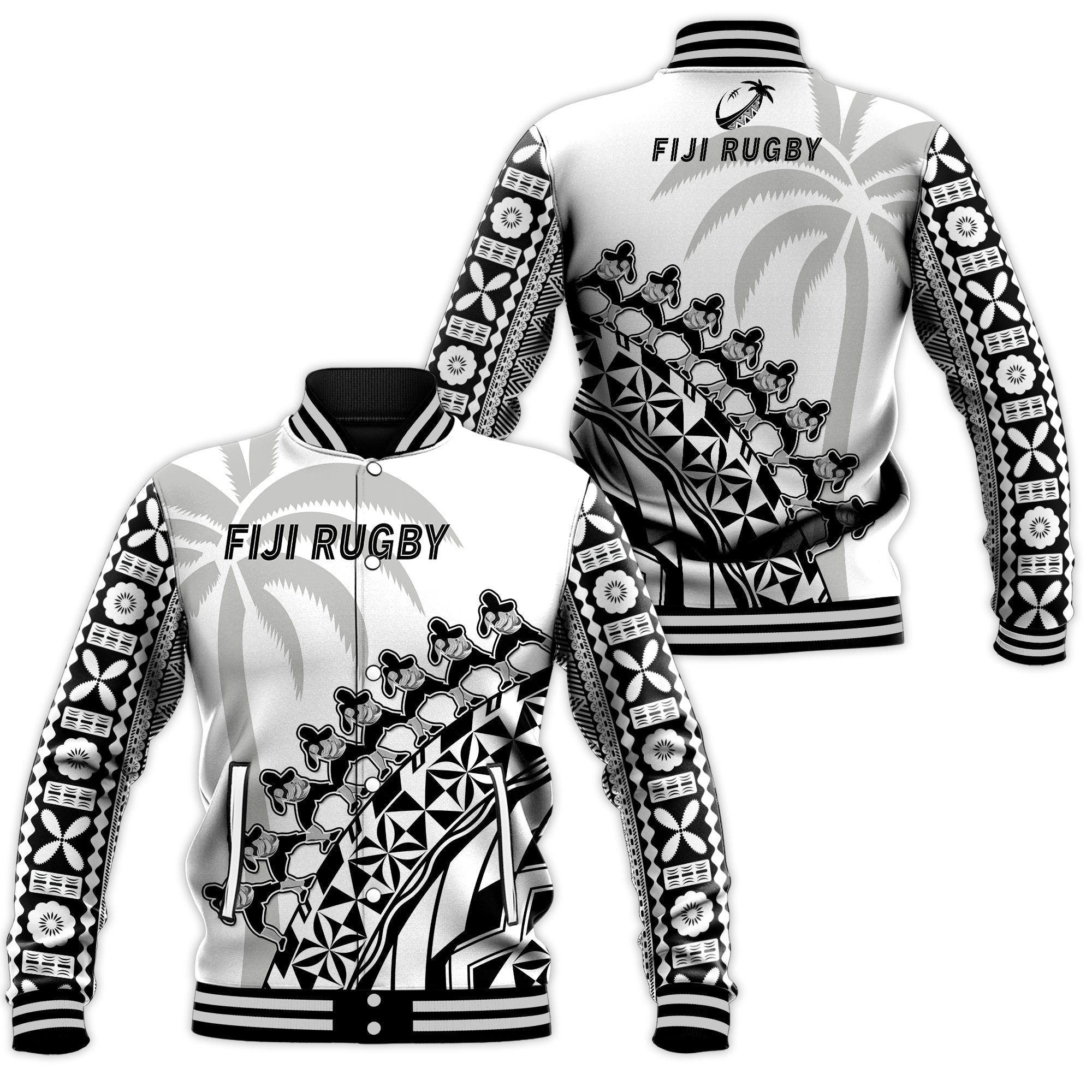 Fiji Rugby Baseball Jacket Fijian Cibi Dance Tapa Pattern White LT14 Unisex White - Polynesian Pride