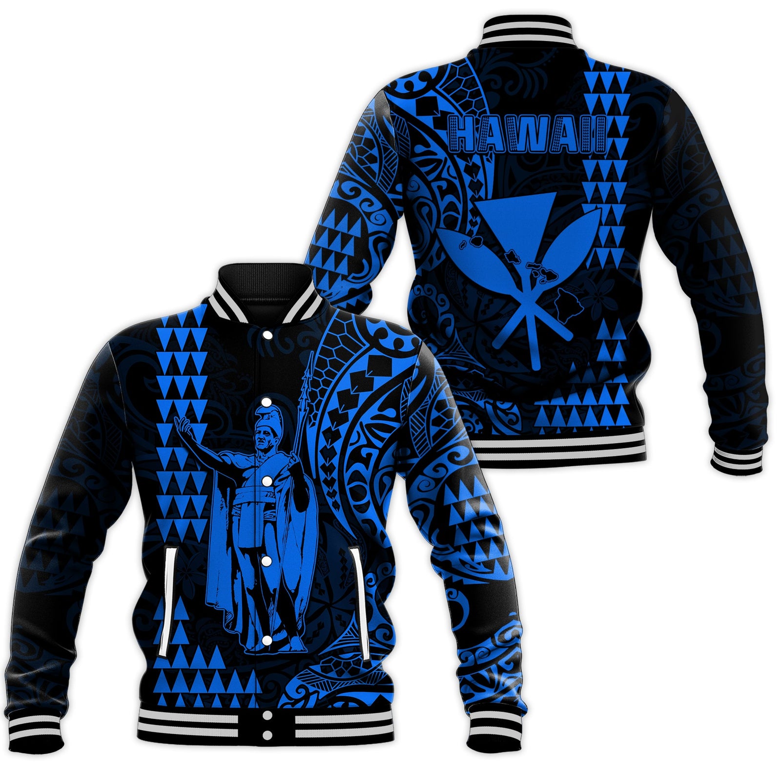 Hawaii Day Kakau Baseball Jacket Proud To Be Hawaiian Blue King Kamehameha and Kanaka Maoli LT13 Unisex Blue - Polynesian Pride
