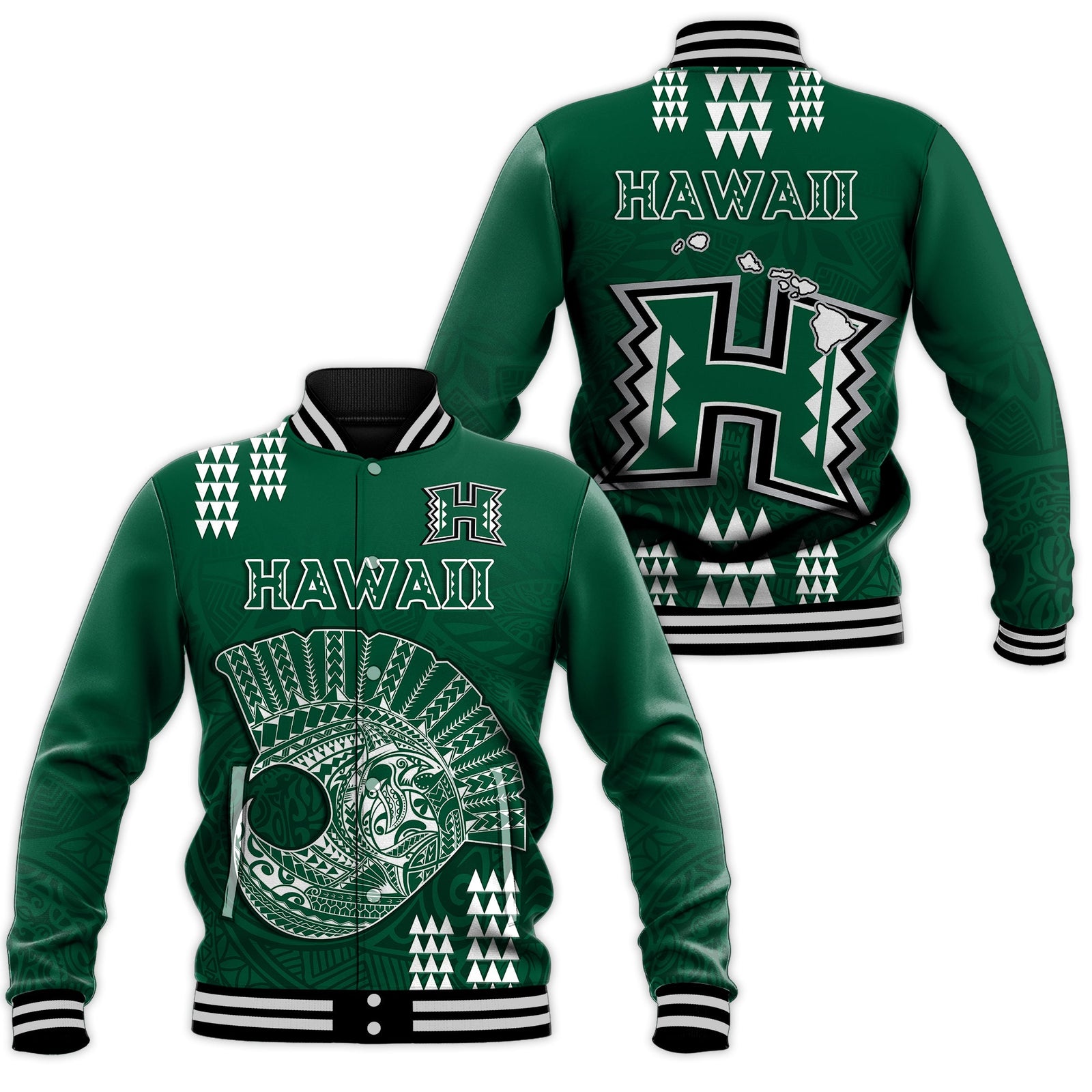 Hawaii Football Baseball Jacket Kakau Rainbow Warriors Helmet LT14 Unisex Green - Polynesian Pride