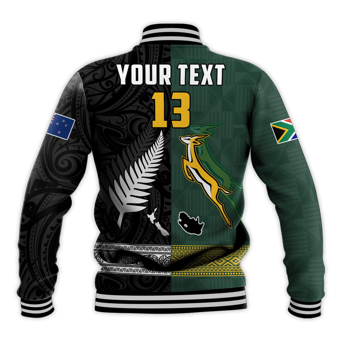 (Custom Text and Number) South Africa Protea and New Zealand Fern Baseball Jacket Rugby Go Springboks vs All Black LT13 - Polynesian Pride