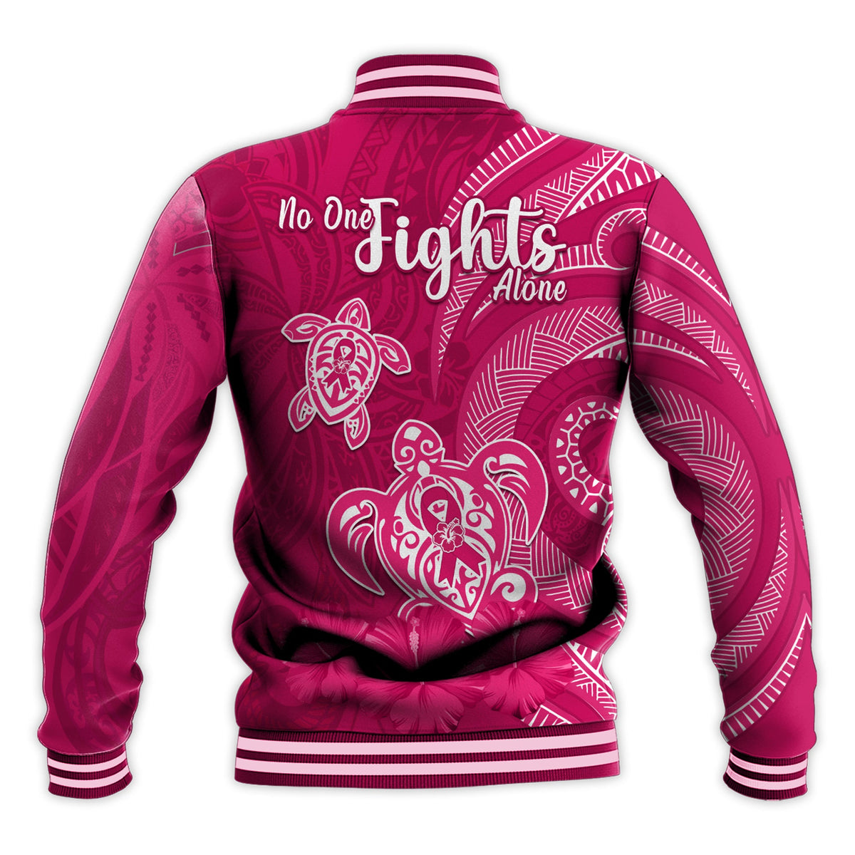 Breast Cancer Awareness Baseball Jacket Hibiscus Polynesian No One Fights Alone LT13 - Polynesian Pride