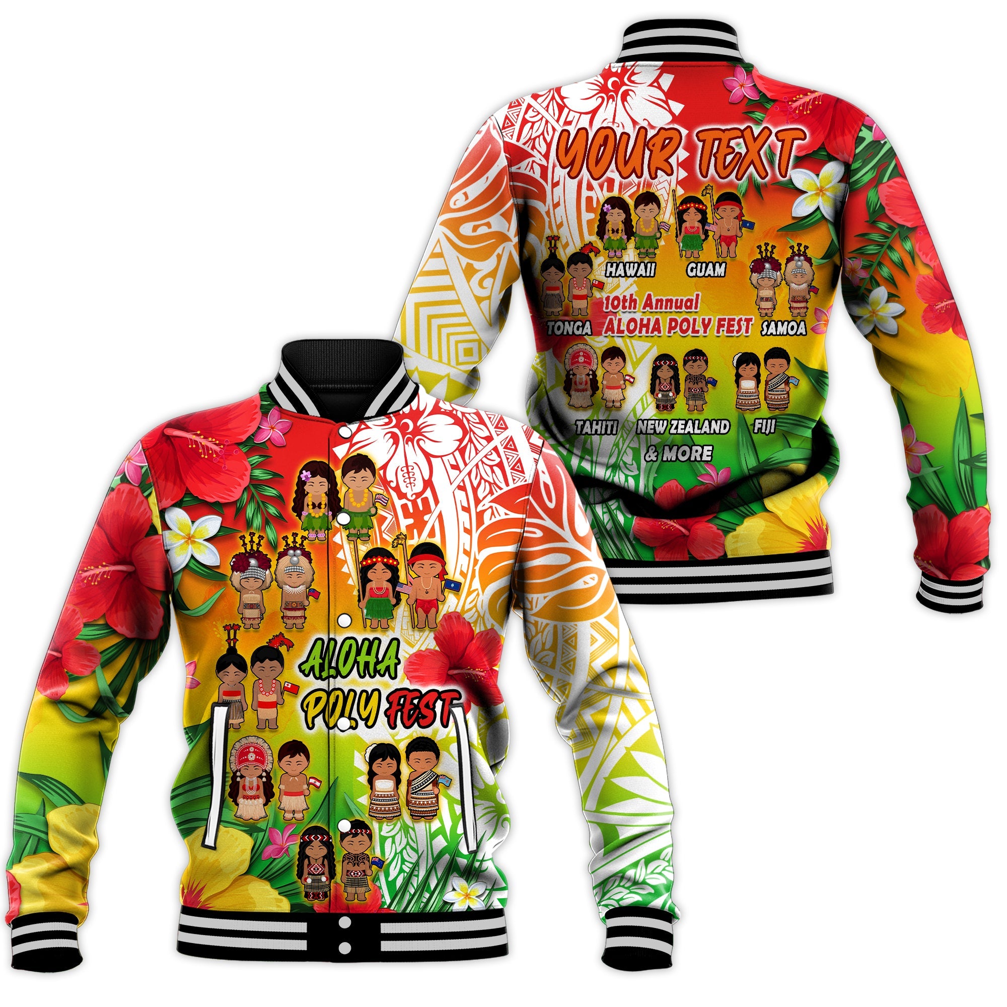 (Custom Personalised) Aloha Poly Fest Baseball Jacket Polynesian Pattern With Tropical Flowers LT14 Unisex Reggae - Polynesian Pride