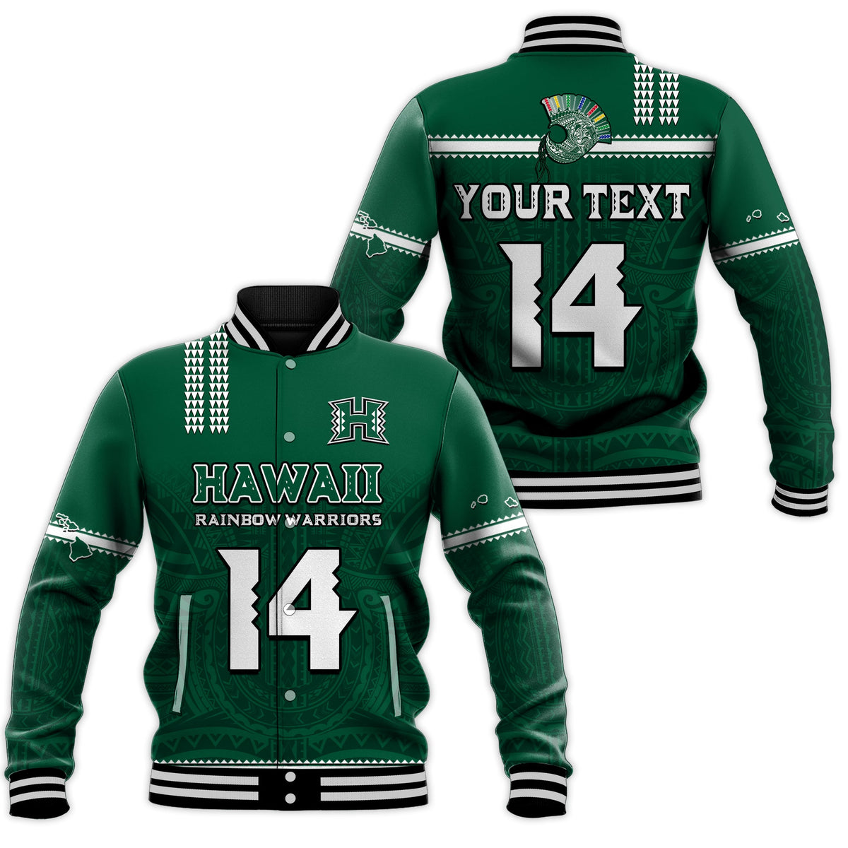 (Custom Text And Number) Hawaii Football Baseball Jacket Kakau Rainbow Warriors Helmet Go Bows LT14 Unisex Green - Polynesian Pride