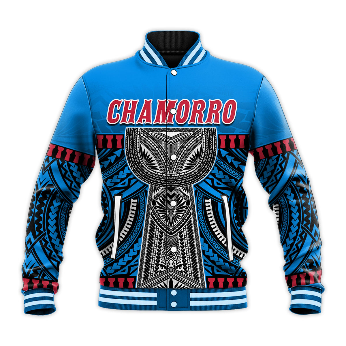 (Custom Personalised) Guam Chamorro Baseball Jacket Latte Stone Blue Polynesian Haligi LT13 - Polynesian Pride