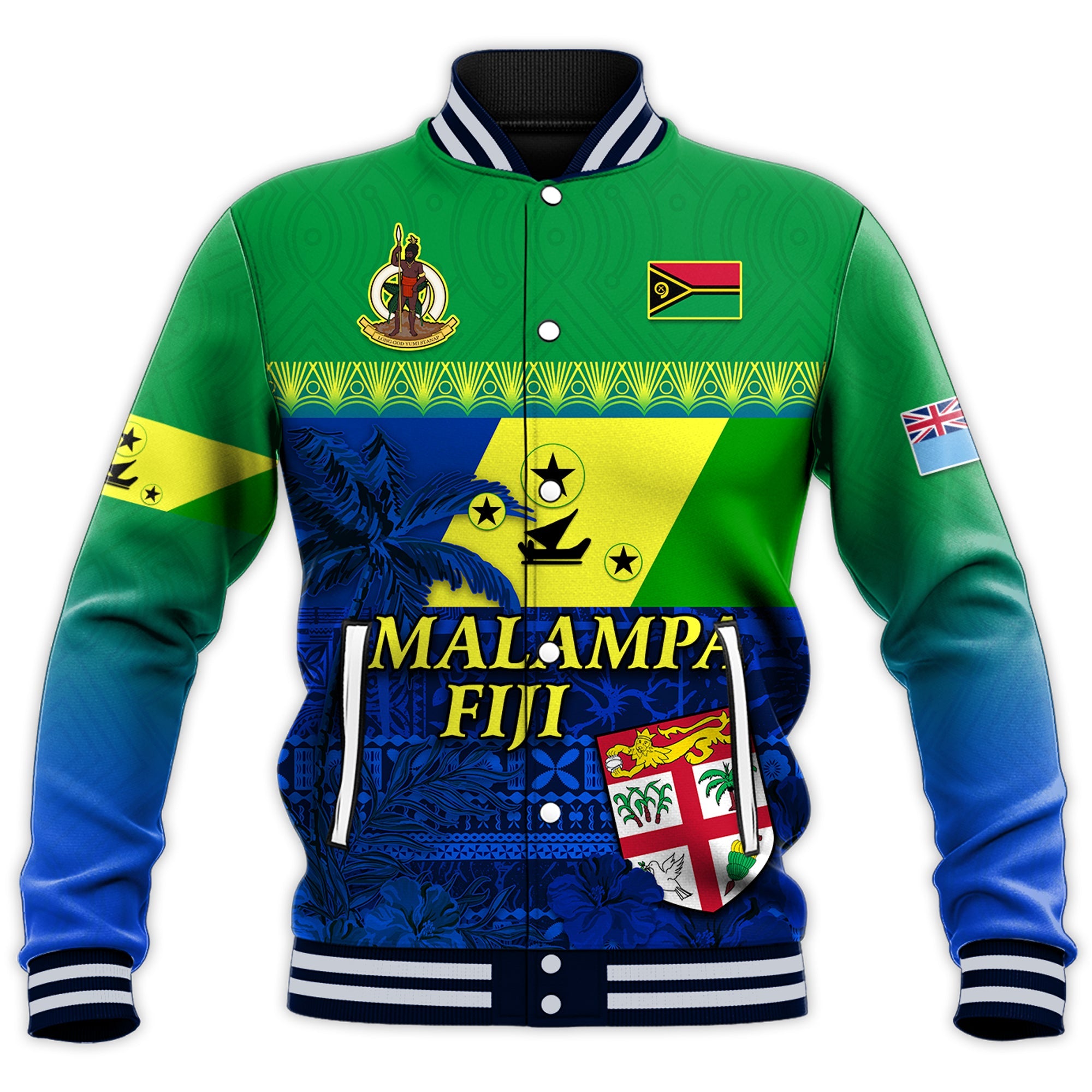Malampa Fiji Day Baseball Jacket Vanuatu Polynesia mix Flowers LT13 Unisex Green - Polynesian Pride