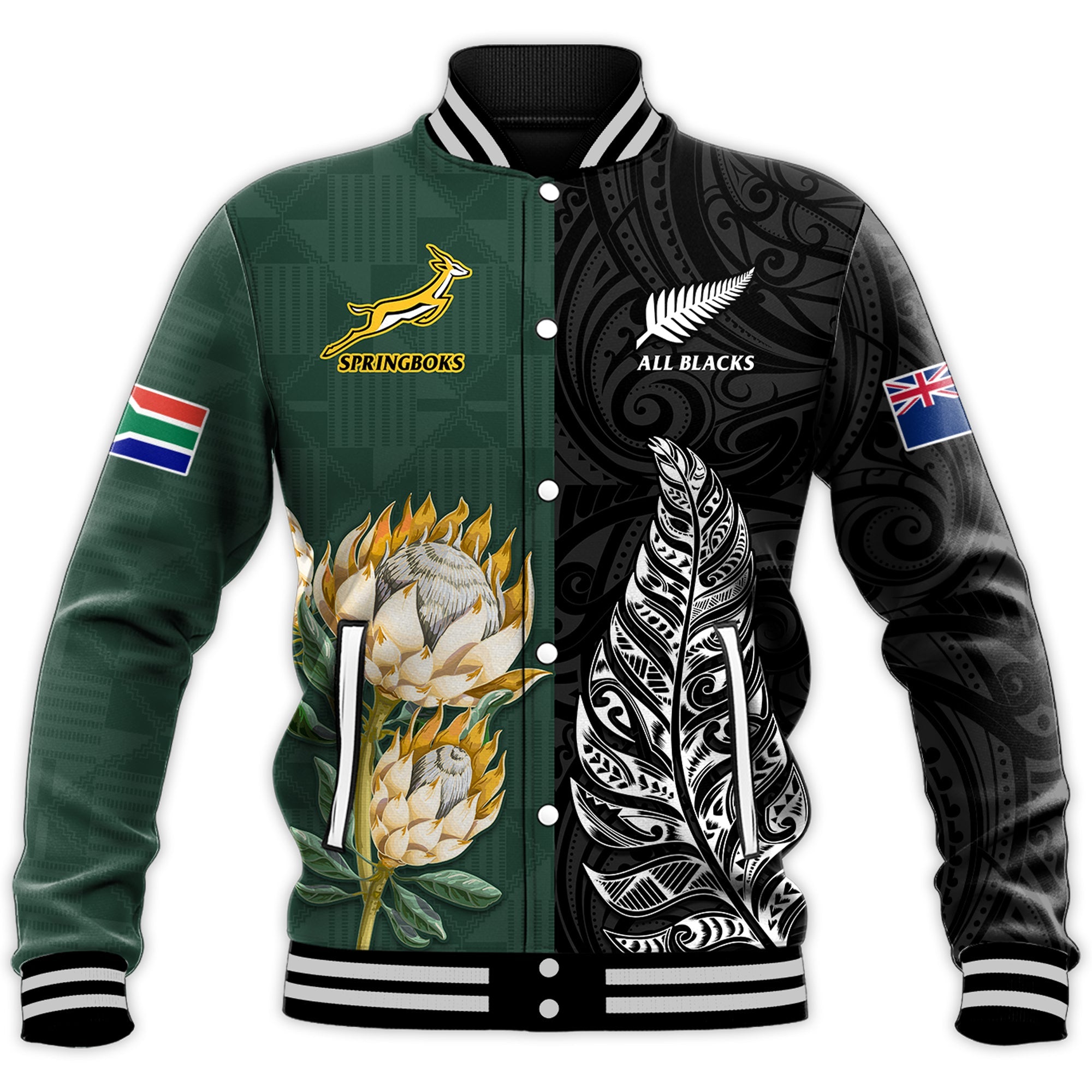 South Africa Protea and New Zealand Fern Baseball Jacket Rugby Go Springboks vs All Black LT13 Unisex Art - Polynesian Pride