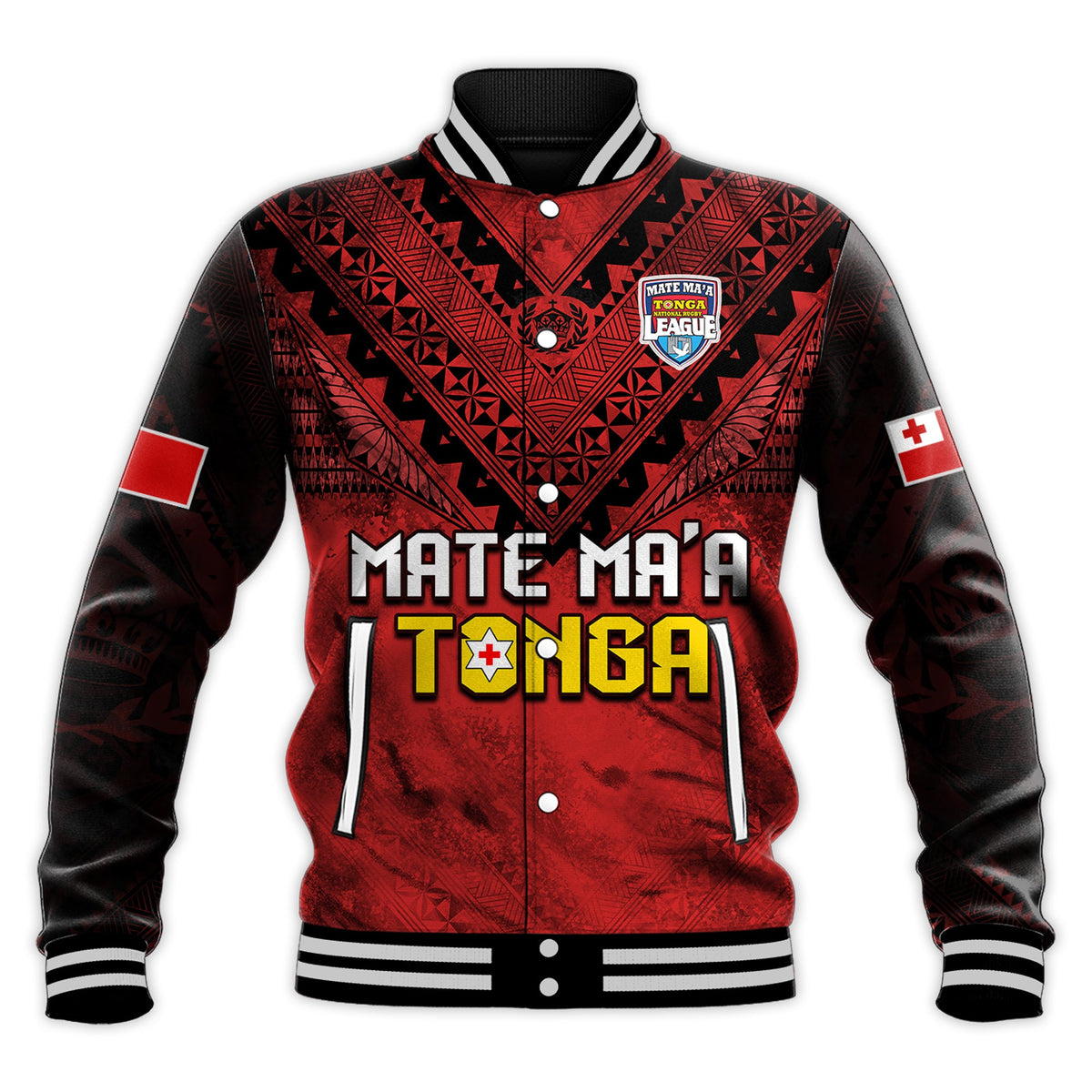 (Custom Text and Number) Tonga Rugby MMT Baseball Jacket Ngatu Mate Maa Tonga Grunge LT13 - Polynesian Pride