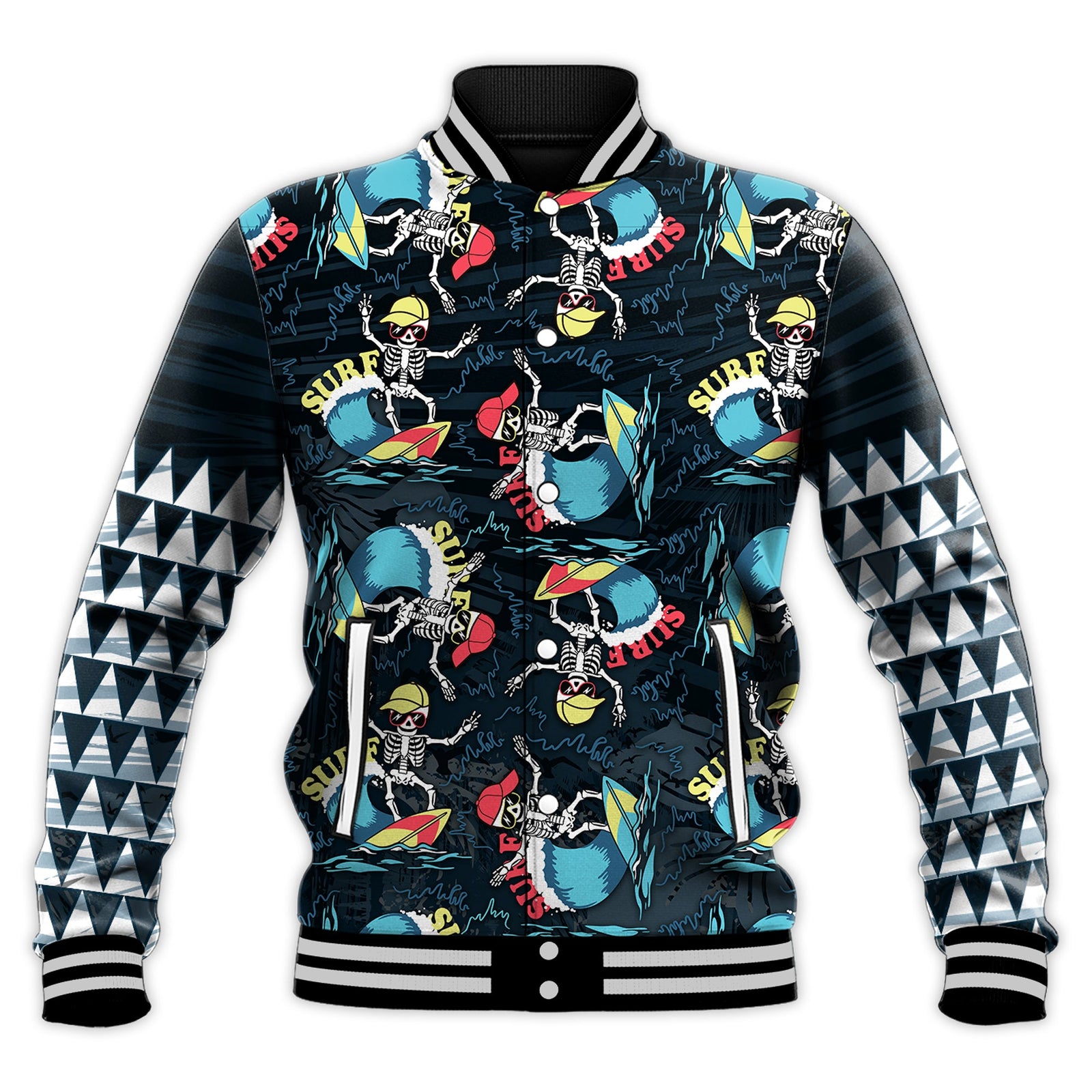 Hawaii Skeleton Surf Baseball Jacket Halloween Hawaiian Tribal LT13 Unisex Black - Polynesian Pride