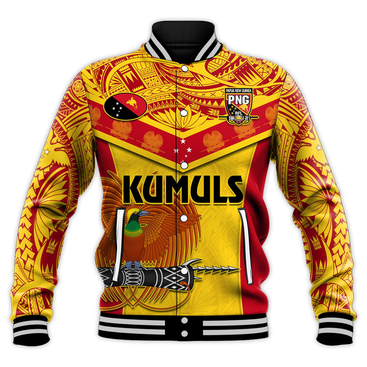 Papua New Guinea Rugby Baseball Jacket PNG Kumuls Bird Of Paradise Yellow LT14 - Polynesian Pride
