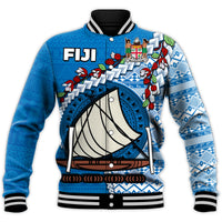 Fiji Baseball Jacket Fijian Drua Mix Tagimaucia Flower Blue Style LT14 - Polynesian Pride