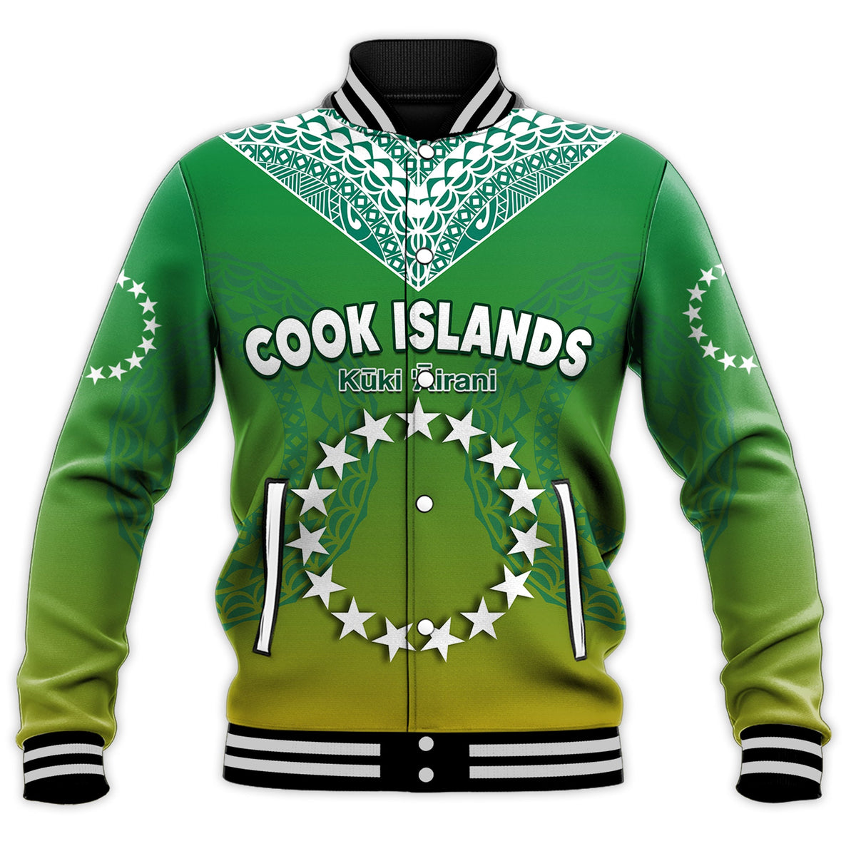Cook Islands Baseball Jacket Circle Pattern Mix Sea Turtle Green Version LT14 - Polynesian Pride