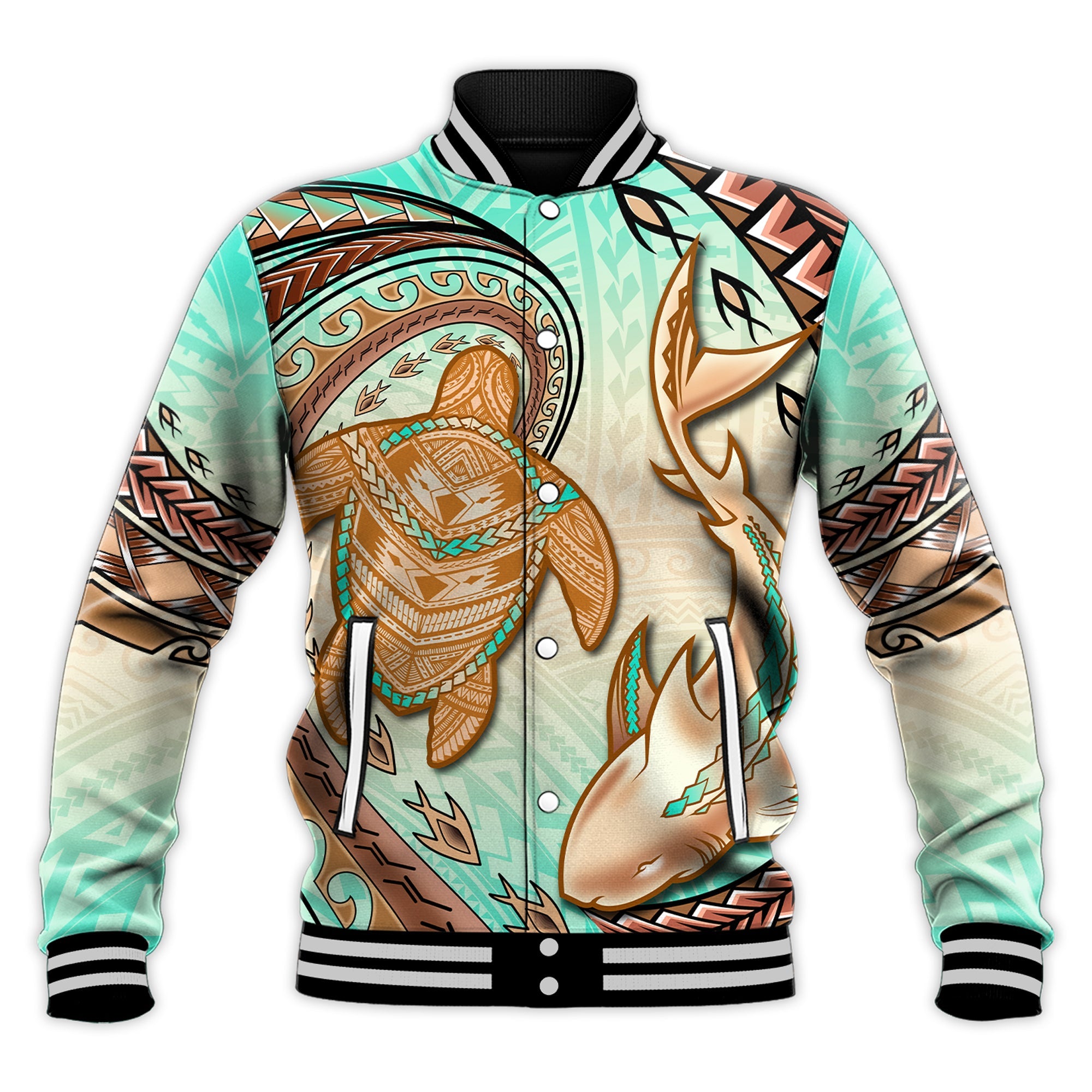 Hawaii Baseball Jacket Polynesian Shark And Sea Turtle Dreamy Turquoise Artsy LT14 Unisex Turquoise - Polynesian Pride