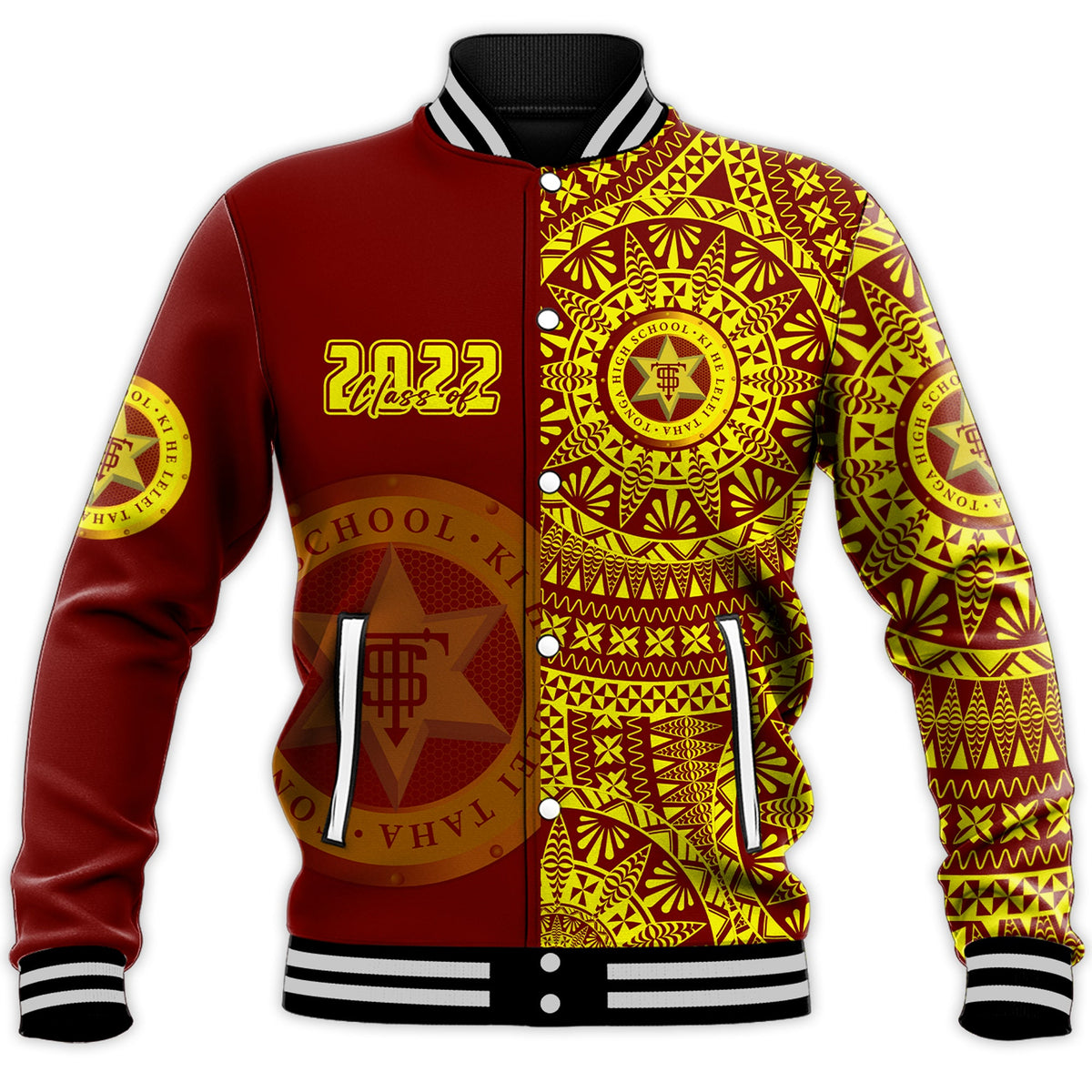 (Custom Text And Number) Tonga High School Baseball Jacket Class Of Year Tongan Ngatu Pattern LT14 - Polynesian Pride