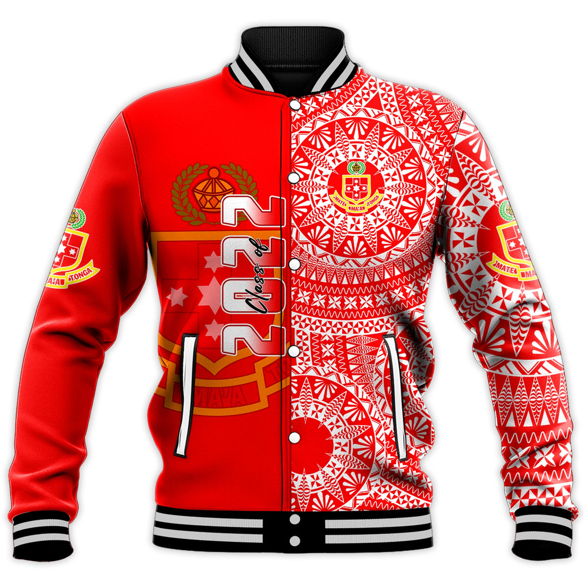 (Custom Text And Number) Kolisi Tonga High School Baseball Jacket Class Of Year Tongan Ngatu Pattern LT14 - Polynesian Pride