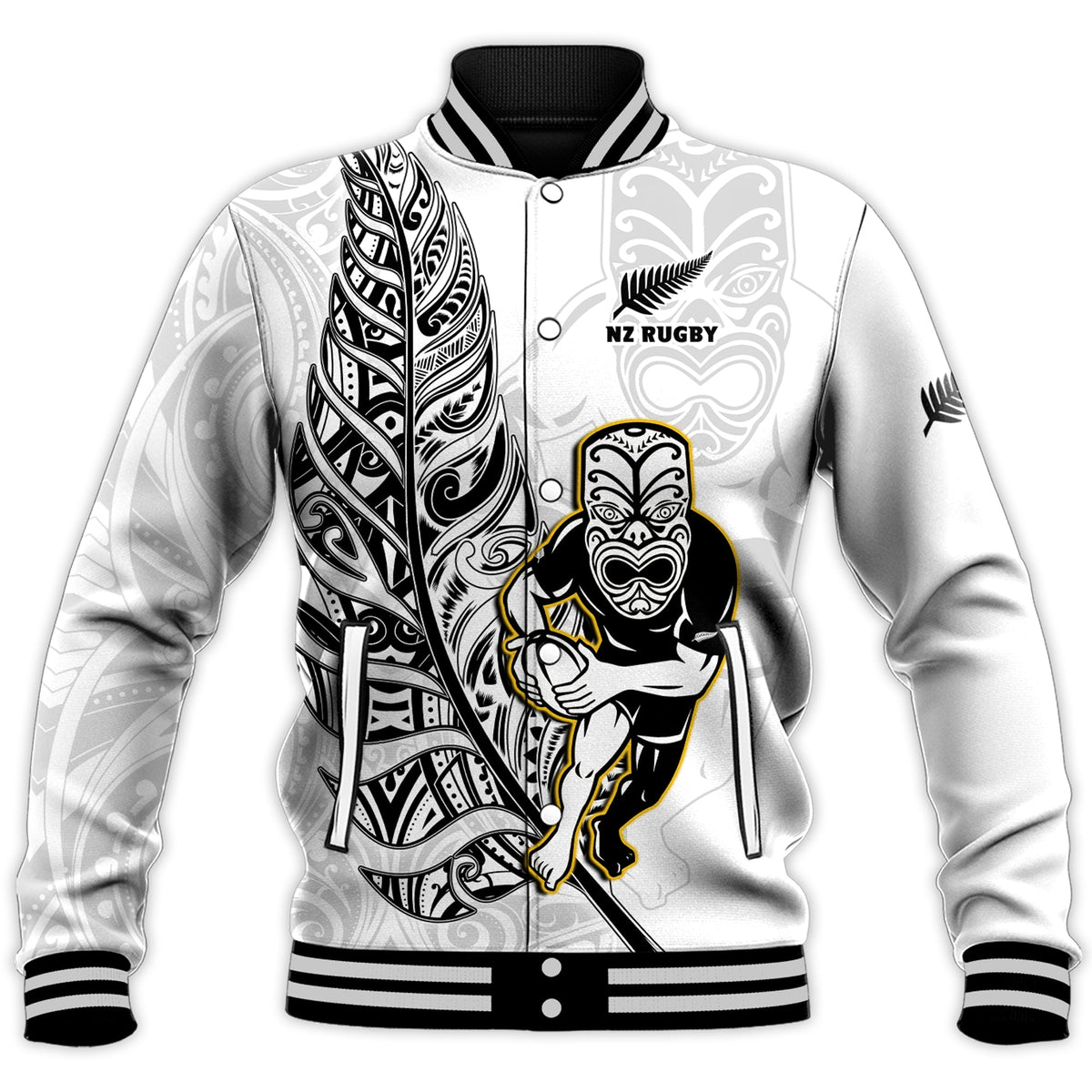 (Custom Text And Number) New Zealand Silver Fern Rugby Baseball Jacket All Black Maori Version White LT14 - Polynesian Pride