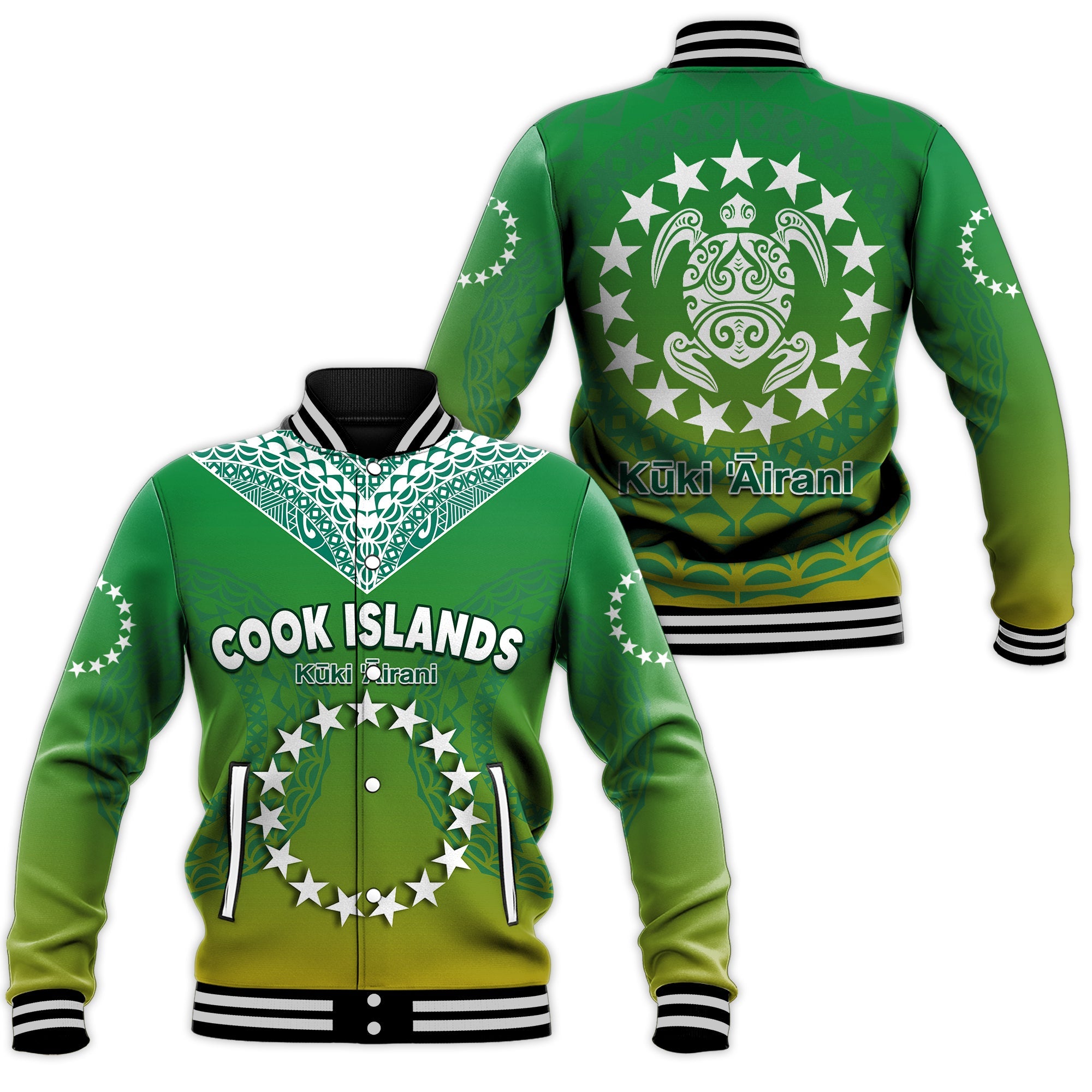 Cook Islands Baseball Jacket Circle Pattern Mix Sea Turtle Green Version LT14 Unisex Green - Polynesian Pride