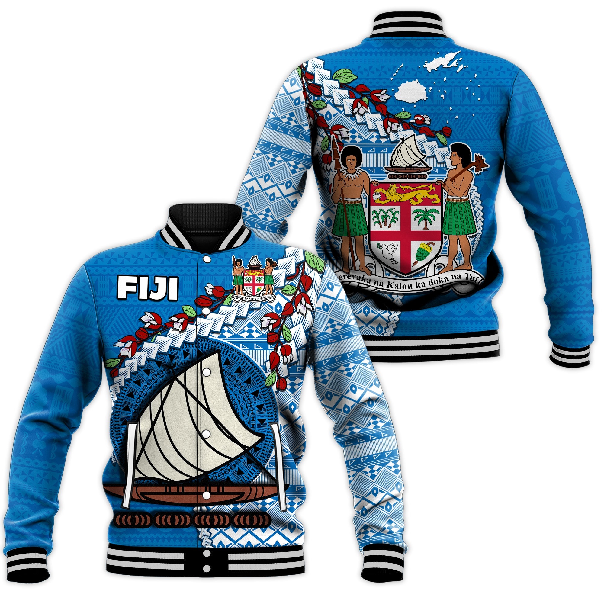 Fiji Baseball Jacket Fijian Drua Mix Tagimaucia Flower Blue Style LT14 Unisex Blue - Polynesian Pride