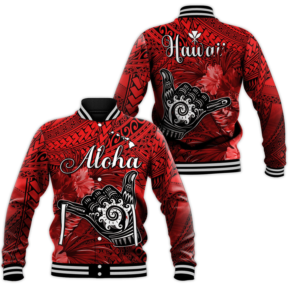 The Shaka Hawaii Baseball Jacket Tropical Flowers Red Version LT13 Unisex Red - Polynesian Pride