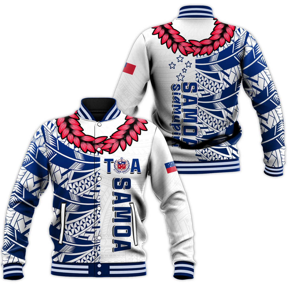 Toa Samoa Rugby Baseball Jacket Siamupini Ula Fala White LT13 Unisex White - Polynesian Pride