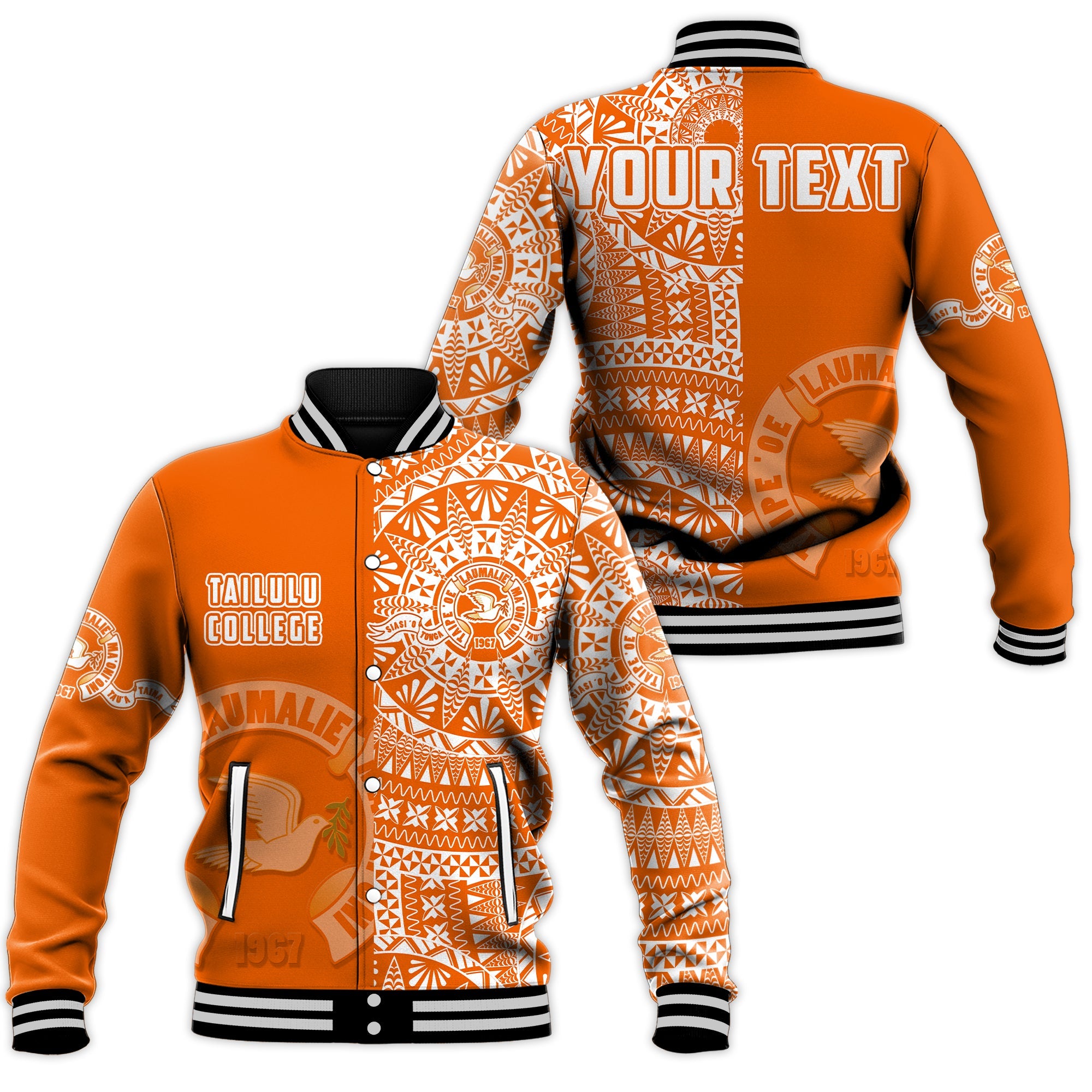 (Custom Personalised) Tailulu Tonga College Baseball Jacket Tongan Ngatu Pattern LT14 Unisex Orange - Polynesian Pride