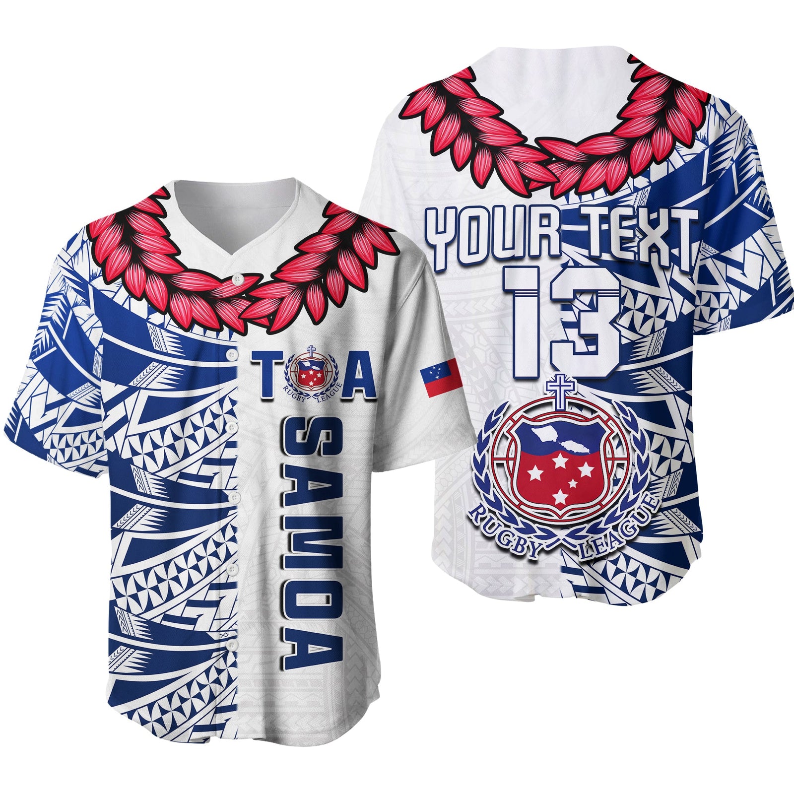 (Custom Text and Number) Toa Samoa Rugby Baseball Jersey Siamupini Ula Fala White LT13 White - Polynesian Pride