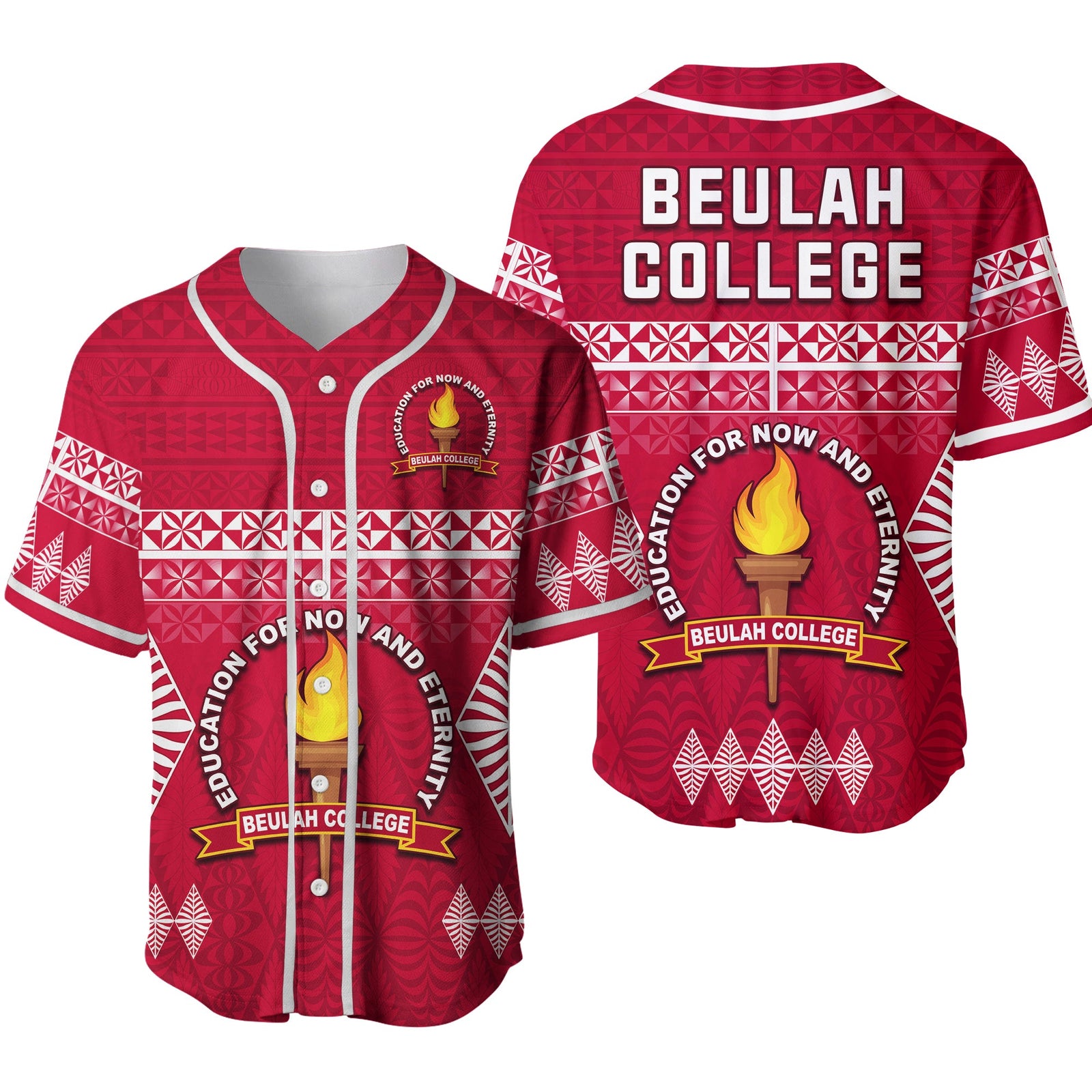 Beulah College Baseball Jersey Ngatu Pattern Tonga Ver.02 LT13 Maroon - Polynesian Pride