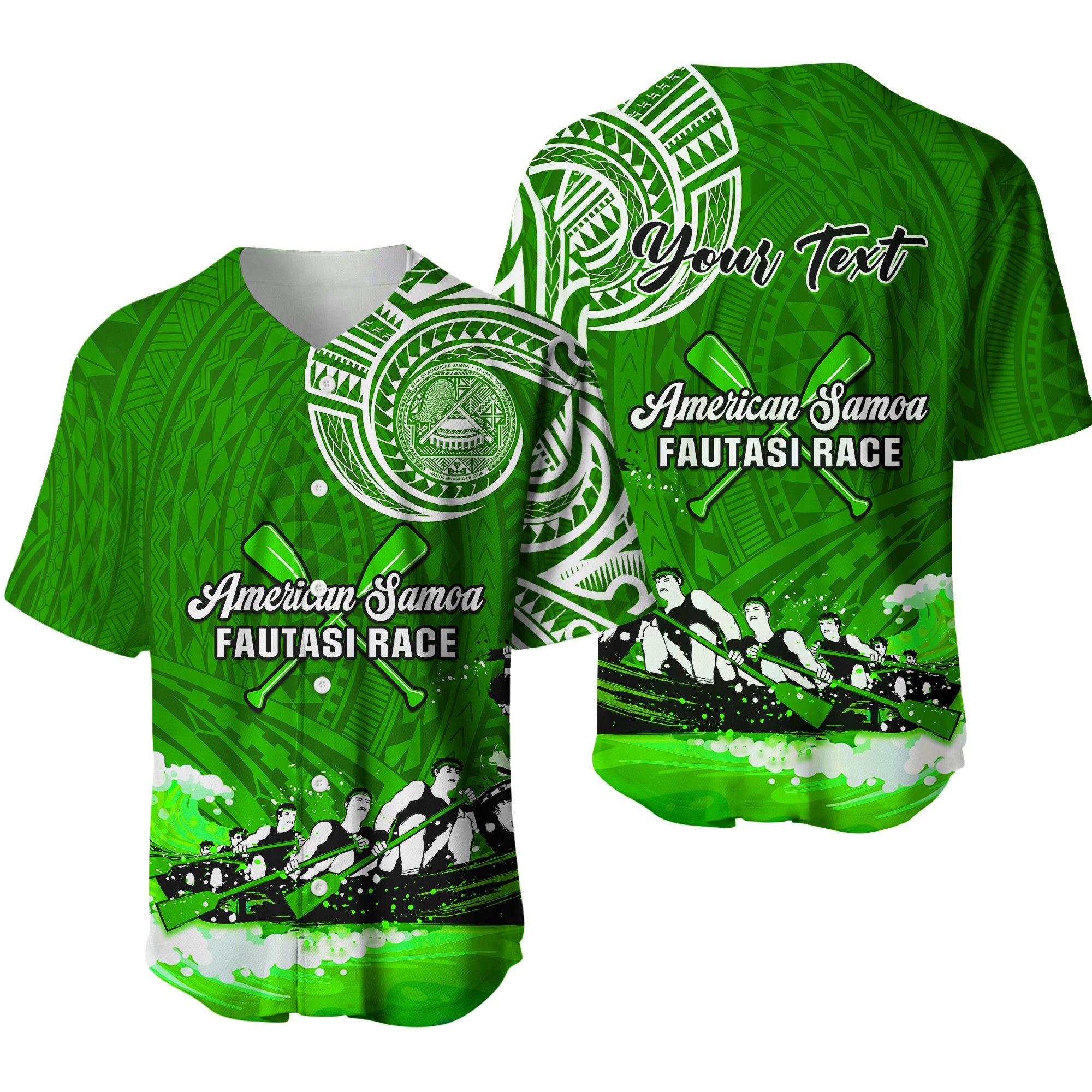 (Custom Personalised) American Samoa Baseball Jersey Fautasi Race Samoan Pattern Ver.02 LT14 Green - Polynesian Pride