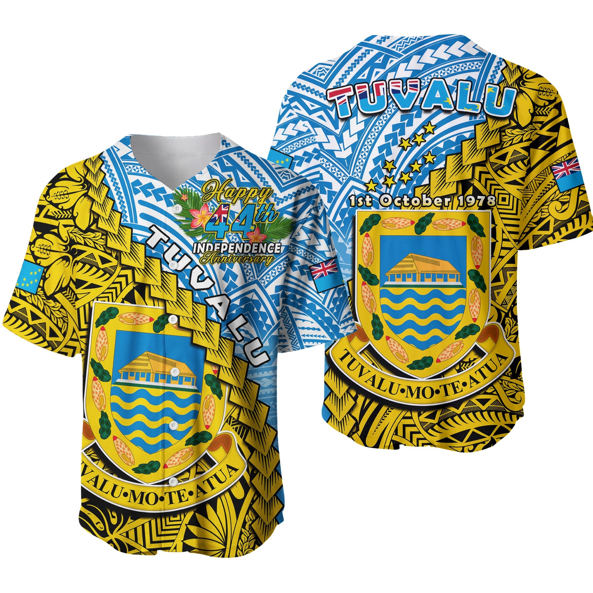 Tuvalu 1978 Baseball Jersey Happy 44th Independence Anniversary Polynesian Pattern LT14 Yellow - Polynesian Pride