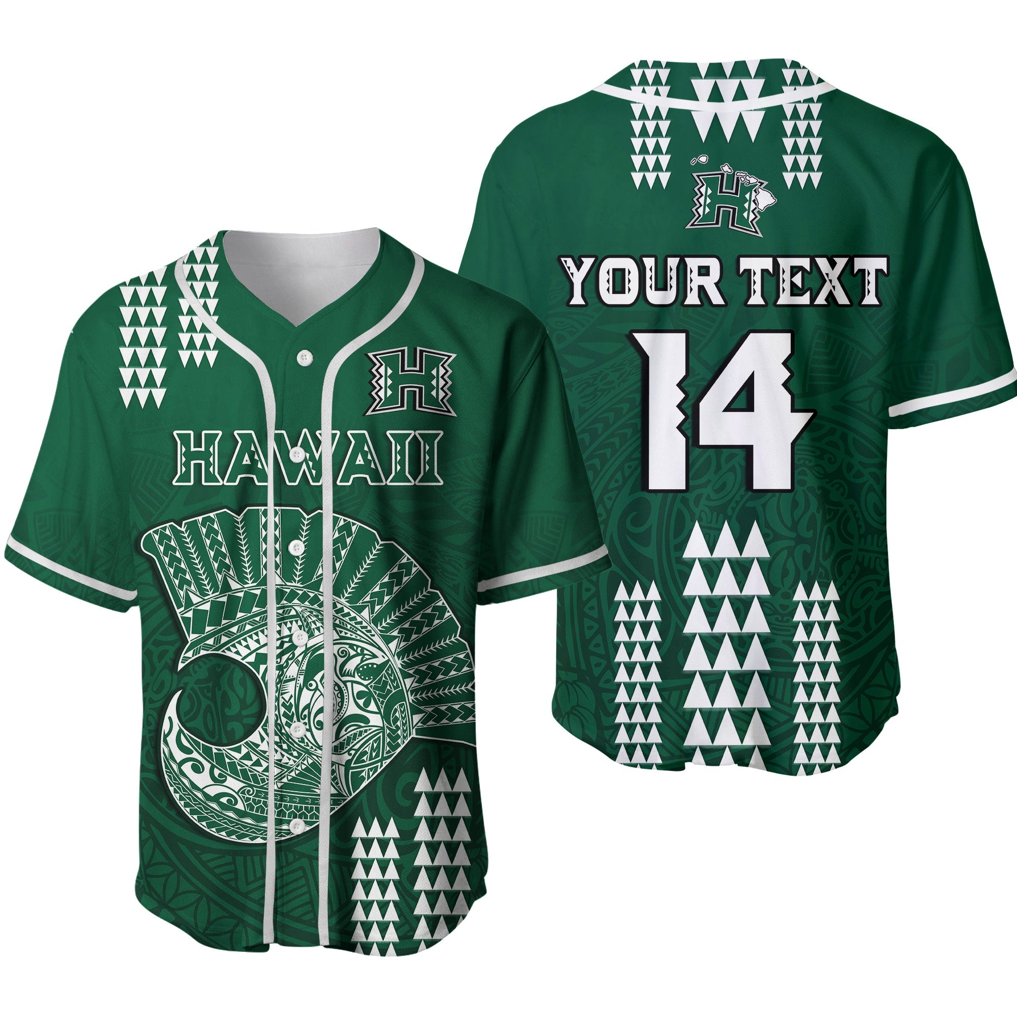 (Custom Text And Number) Hawaii Football Baseball Jersey Kakau Rainbow Warriors Helmet Ver.02 LT14 Green - Polynesian Pride