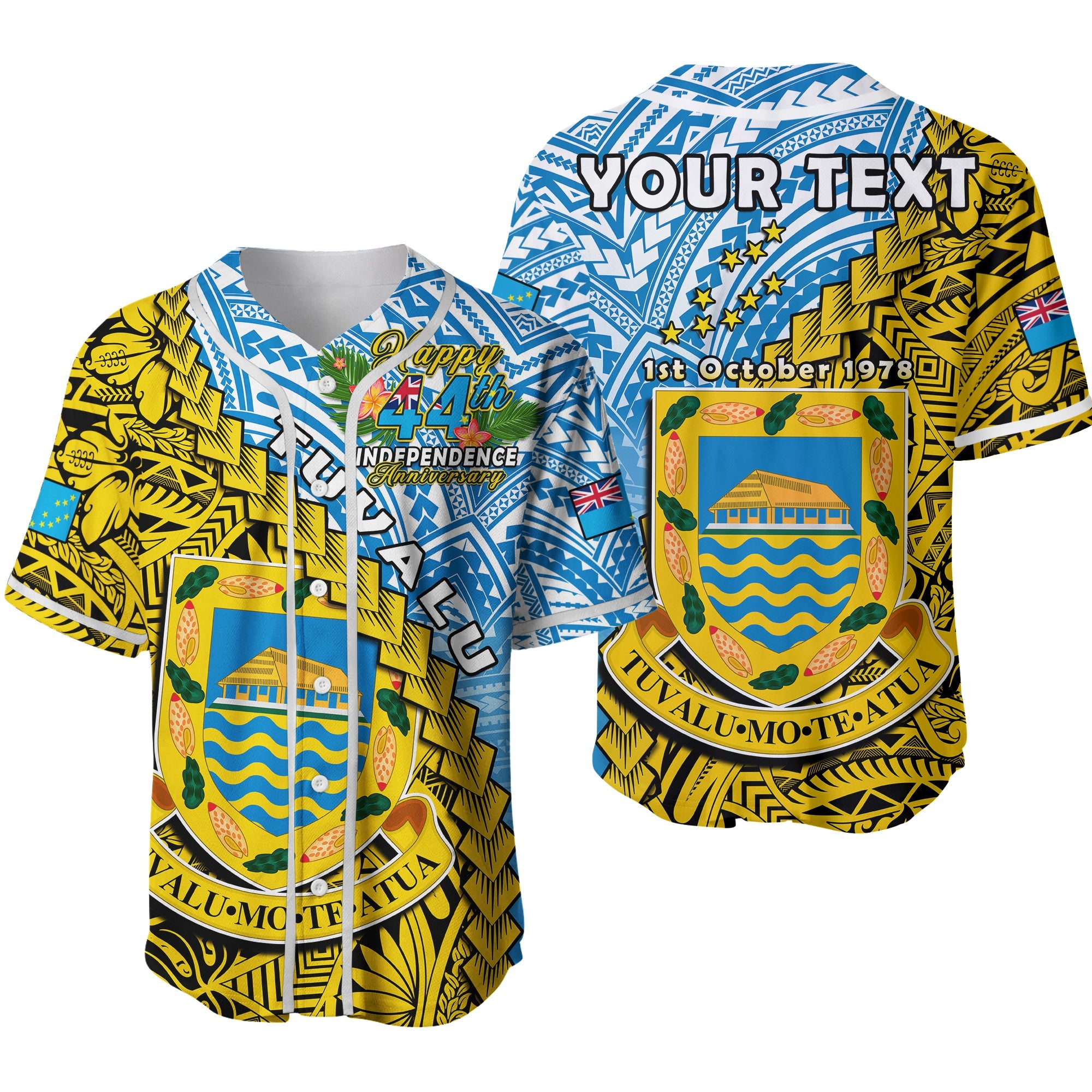 (Custom Personalised) Tuvalu 1978 Baseball Jersey Happy 44th Independence Anniversary Polynesian Pattern Ver.02 LT14 Yellow - Polynesian Pride