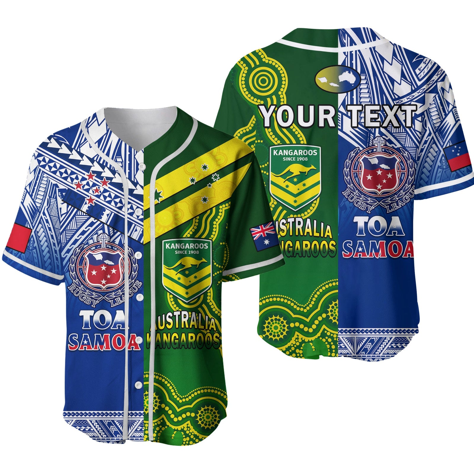 (Custom Personalised) Samoa Rugby and Australia Rugby Baseball Jersey Toa Samoa Mix Kangaroos Pacific Ver.02 LT14 Art - Polynesian Pride