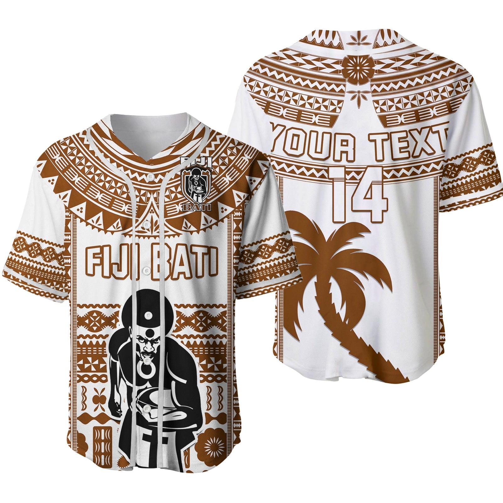 Custom Text And Number Fiji Rugby Baseball Jersey Pacific The Bati Brown Fijian Tapa Ver.02 LT14 Brown - Polynesian Pride