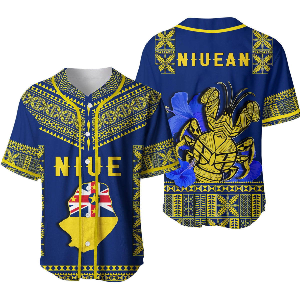Niue Baseball Jersey Happy Constitution Day Niuean Hiapo Crab With Map Ver.02 LT14 Blue - Polynesian Pride