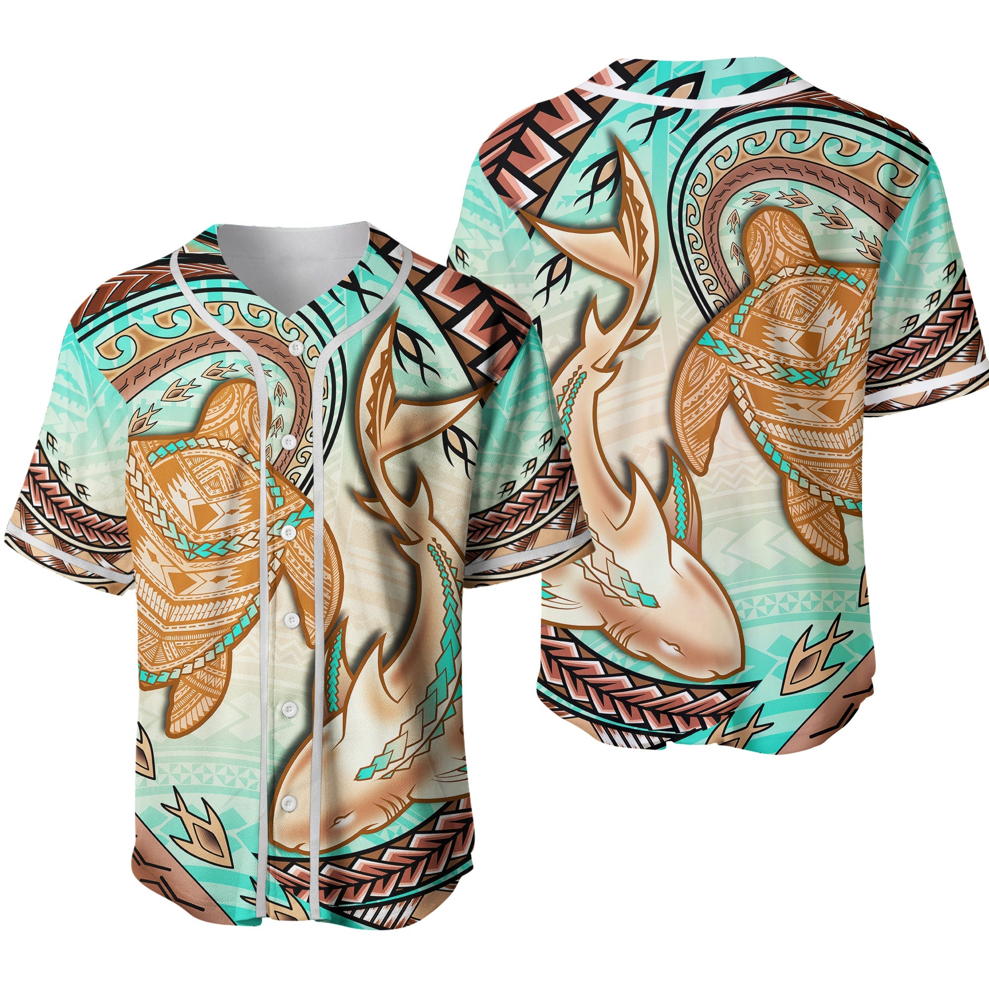 Hawaii Baseball Jersey Polynesian Shark And Sea Turtle Dreamy Turquoise Artsy Ver.02 LT14 Turquoise - Polynesian Pride