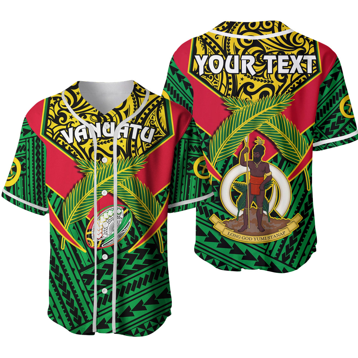 (Custom Personalised) Vanuatu Rugby Baseball Jersey Coat Of Arms Polynesian Pattern Ver.02 LT14 Green - Polynesian Pride