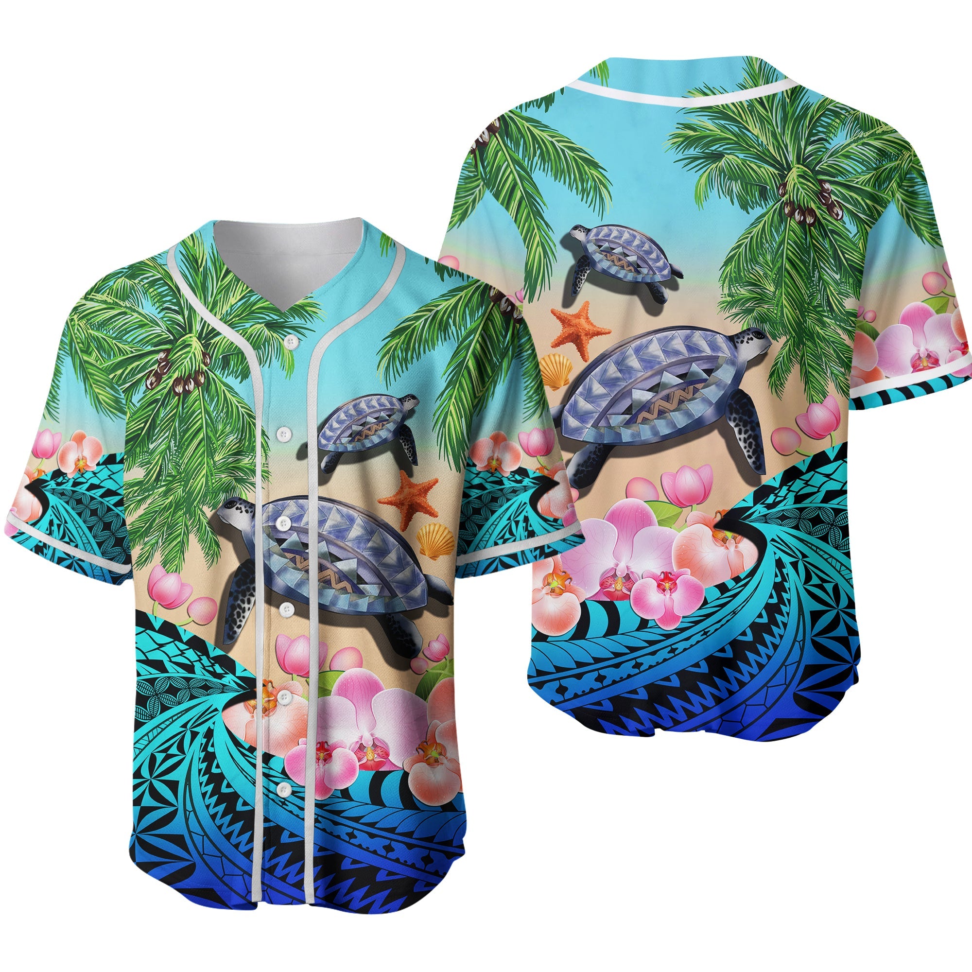 Polynesian Turtle Coconut Tree And Orchids Baseball Jersey 02 LT14 Blue - Polynesian Pride