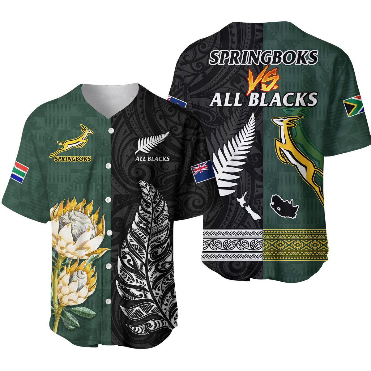 South Africa Protea and New Zealand Fern Baseball Jersey Rugby Go Springboks vs All Black LT13 Art - Polynesian Pride