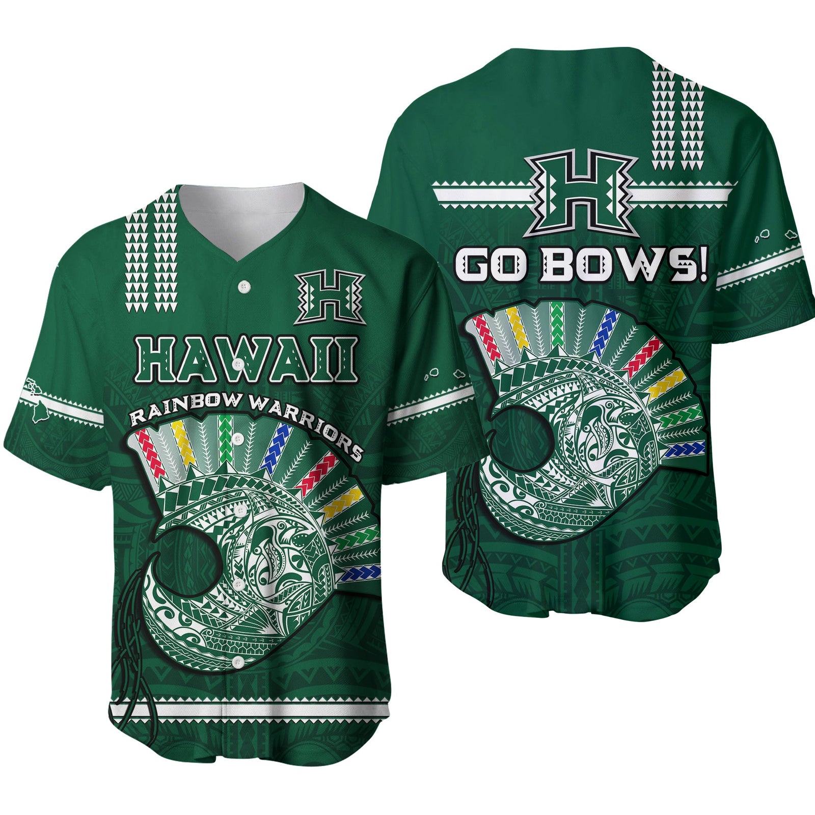 Hawaii Football Baseball Jersey Kakau Rainbow Warriors Helmet Go Bows Ver.01 LT14 Green - Polynesian Pride