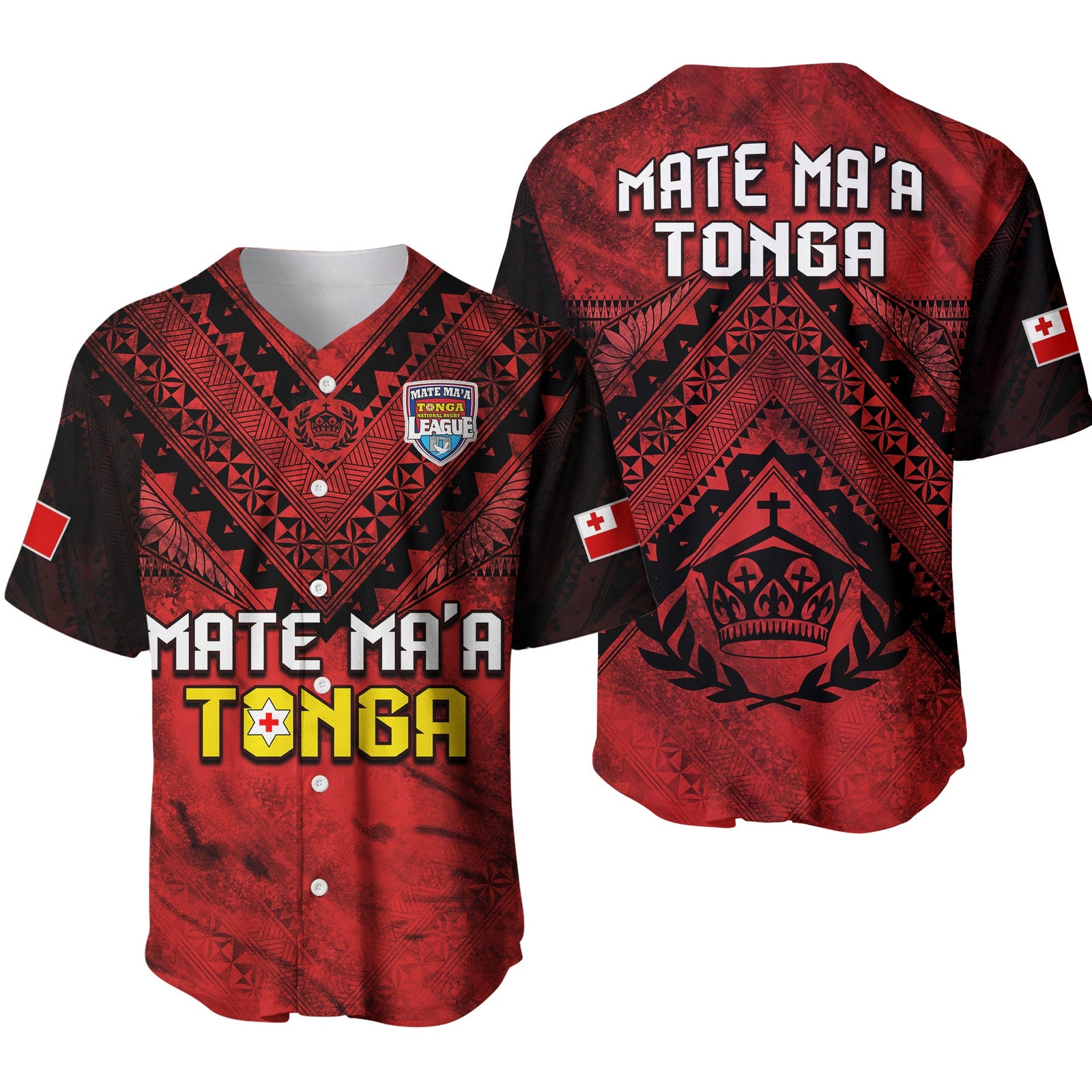 Tonga Rugby MMT Baseball Jersey Ngatu Mate Maa Tonga Grunge Ver.01 LT13 Red - Polynesian Pride