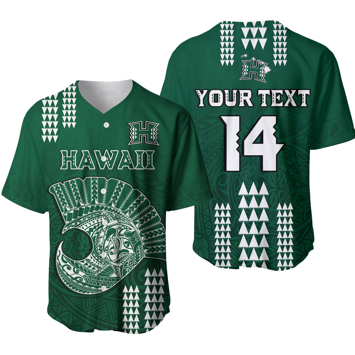 (Custom Text And Number) Hawaii Football Baseball Jersey Kakau Rainbow Warriors Helmet Ver.01 LT14 Green - Polynesian Pride