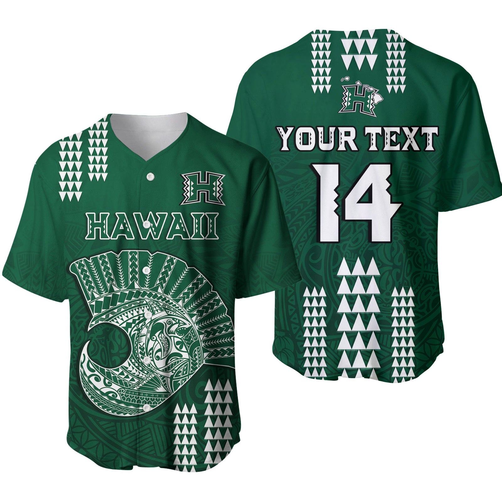 (Custom Text And Number) Hawaii Football Baseball Jersey Kakau Rainbow Warriors Helmet Ver.01 LT14 Green - Polynesian Pride