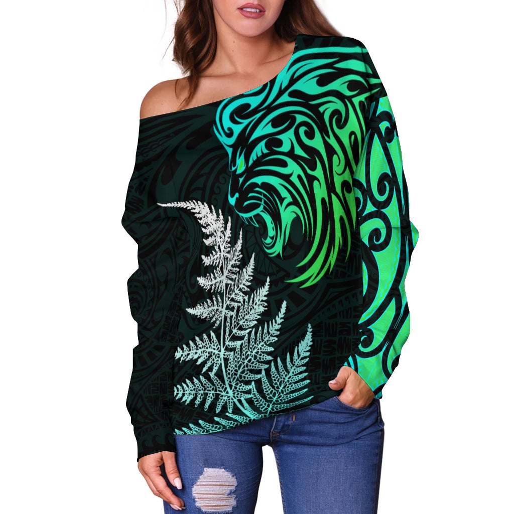 Lion Maori Off Shoulder Sweater Aotearoa mix Silver Fern Version Blue LT13 - Polynesian Pride