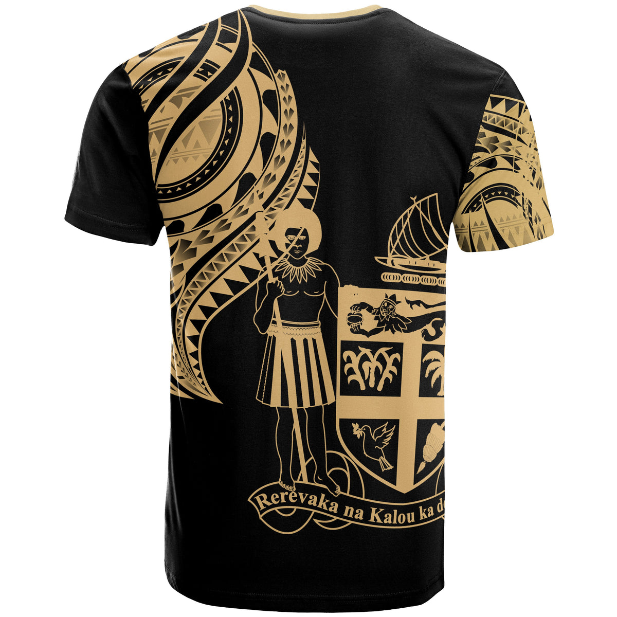 Fiji T Shirt Fijian Tatau Gold Patterns With Coat of Arms - Polynesian Pride