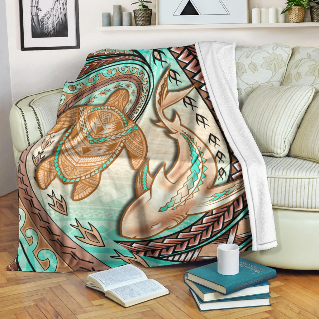 Hawaii Premium Blanket Polynesian Shark And Sea Turtle Dreamy Turquoise Artsy LT14 White - Polynesian Pride