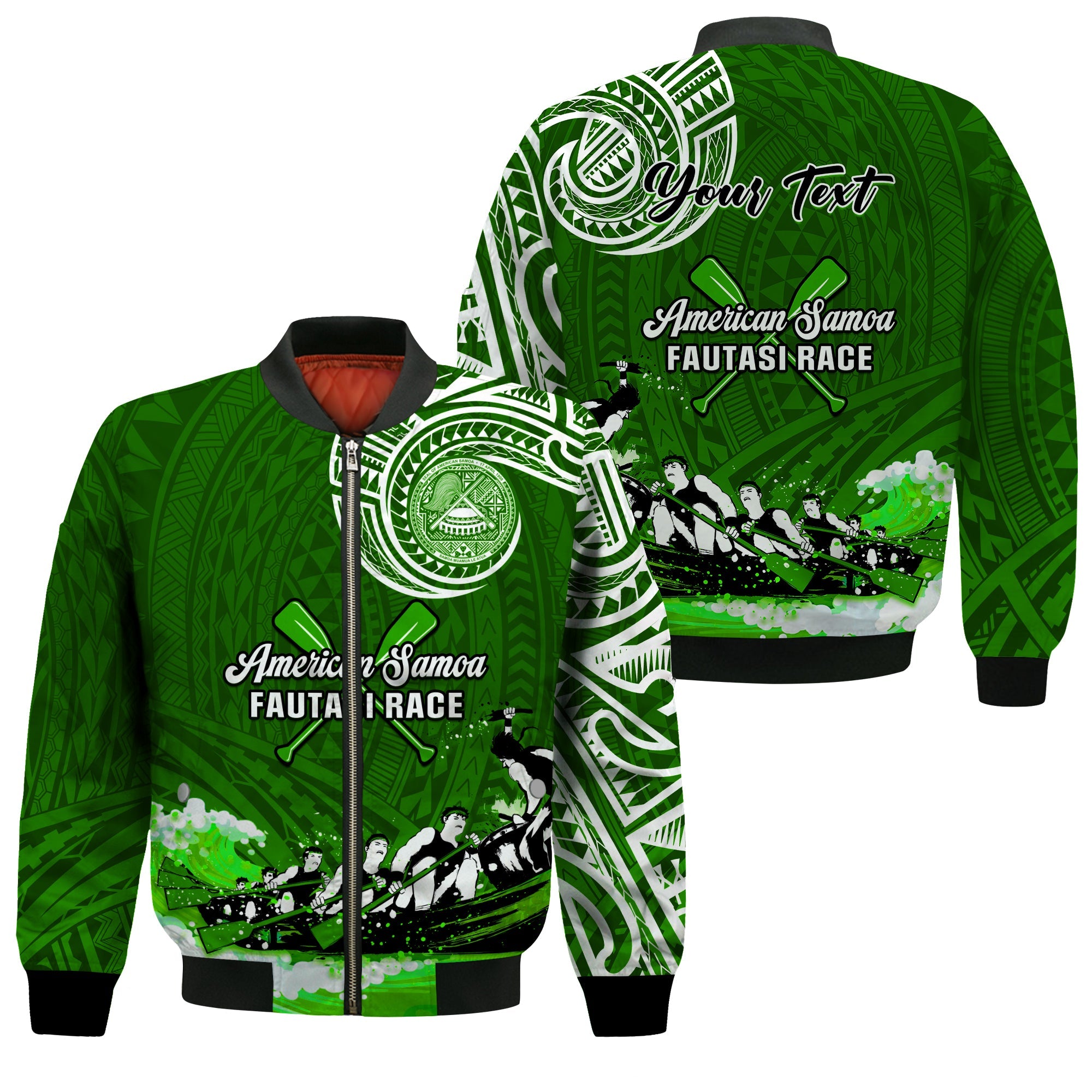 (Custom Personalised) American Samoa Bomber Jacket Fautasi Race Samoan Pattern Ver.02 LT14 Unisex Green - Polynesian Pride