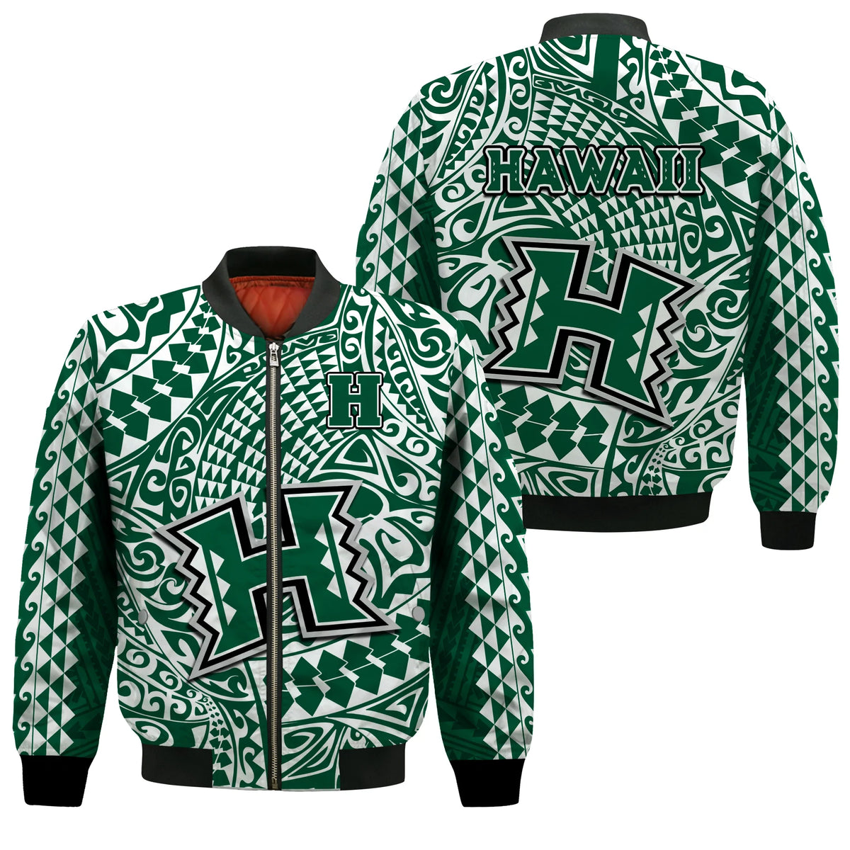 Hawaii Football Bomber Jacket Rainbow Warriors Tribal Kakau LT14 Unisex Green - Polynesian Pride