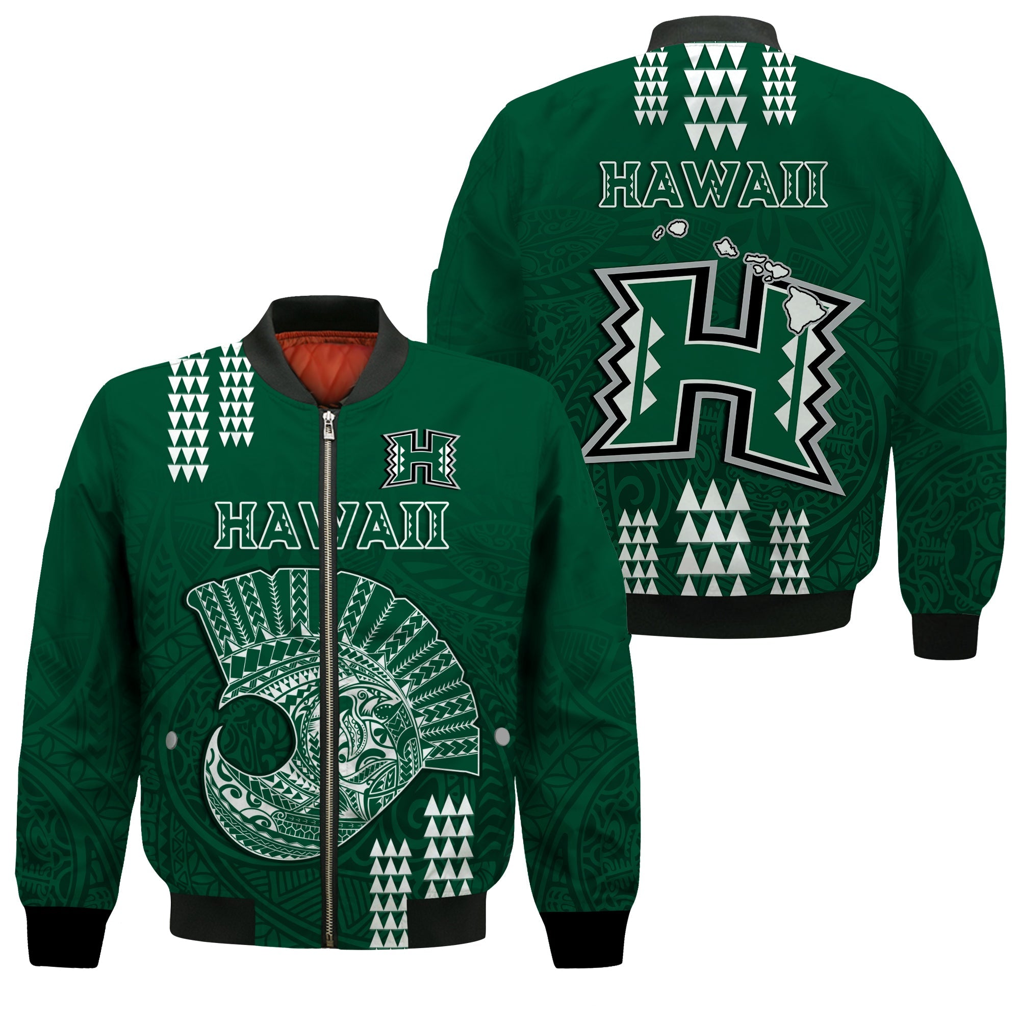 Hawaii Football Bomber Jacket Kakau Rainbow Warriors Helmet LT14 Unisex Green - Polynesian Pride